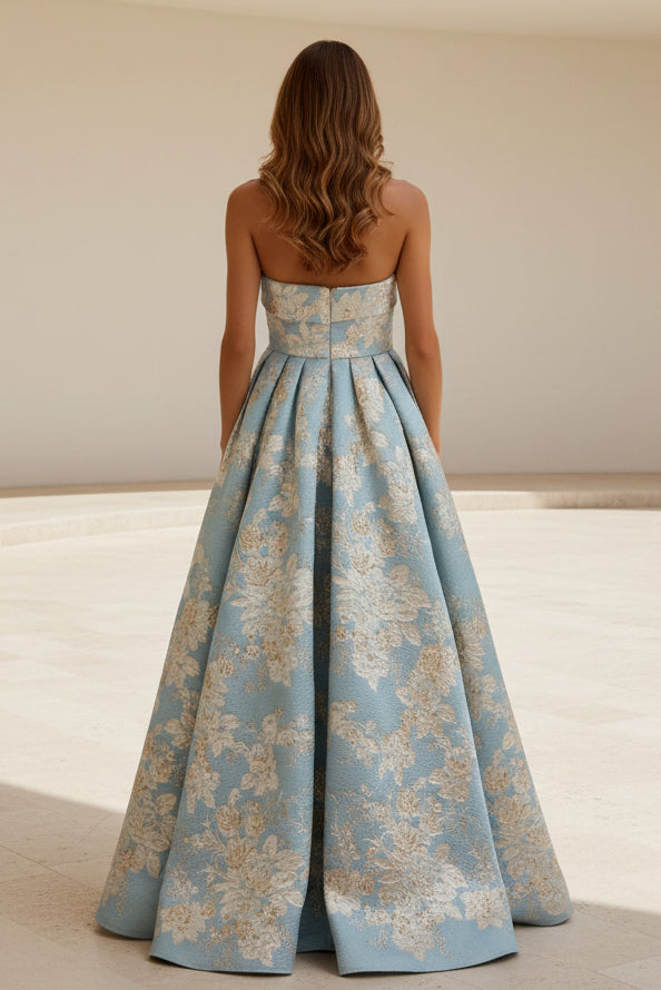 Trägerloses Abendkleid aus floralem Jacquard
