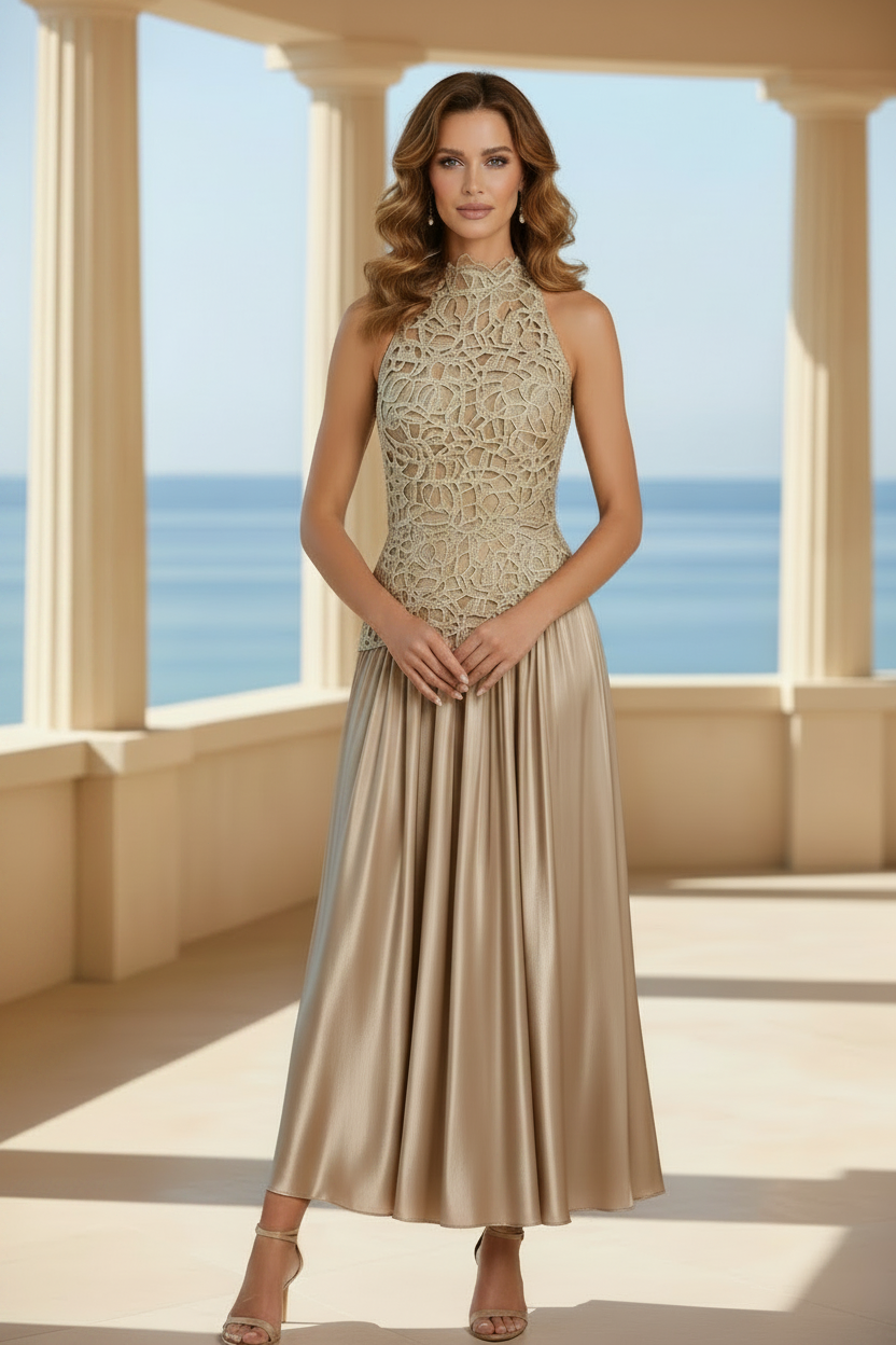 Elegantes schulterfreies Midikleid aus Spitze mit plissiertem Satinstoff