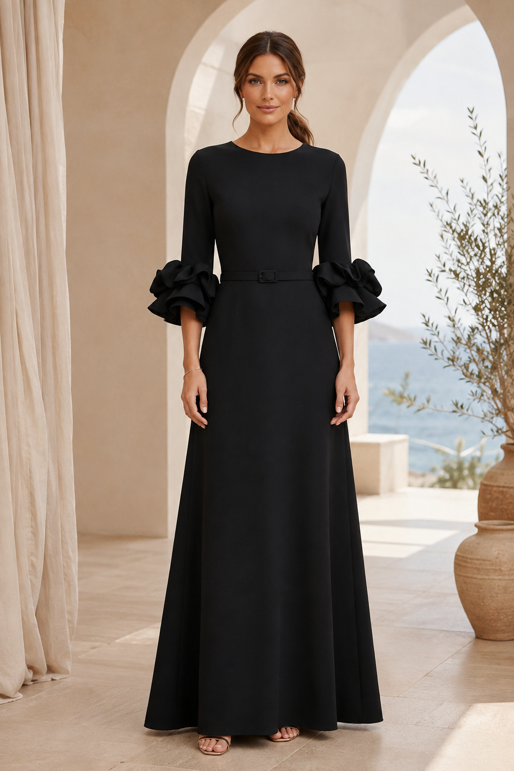 A-Linien-Abendkleid mit Rüschenmanschetten und Gürtel