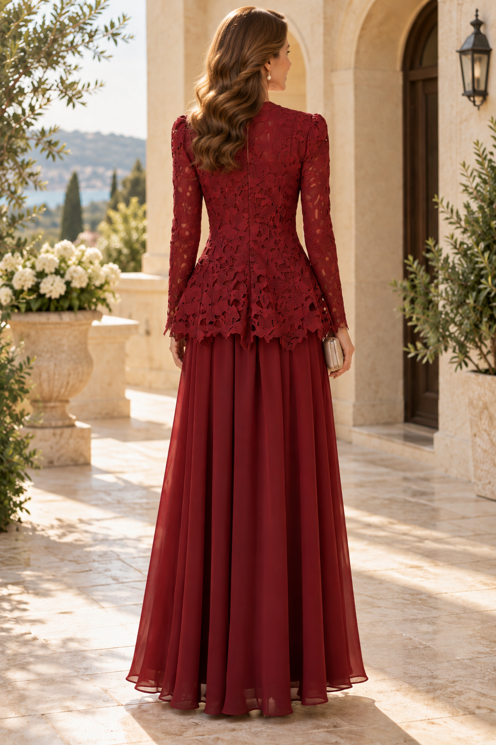 Lace Peplum Long Sleeve Floor-Length Evening Dress