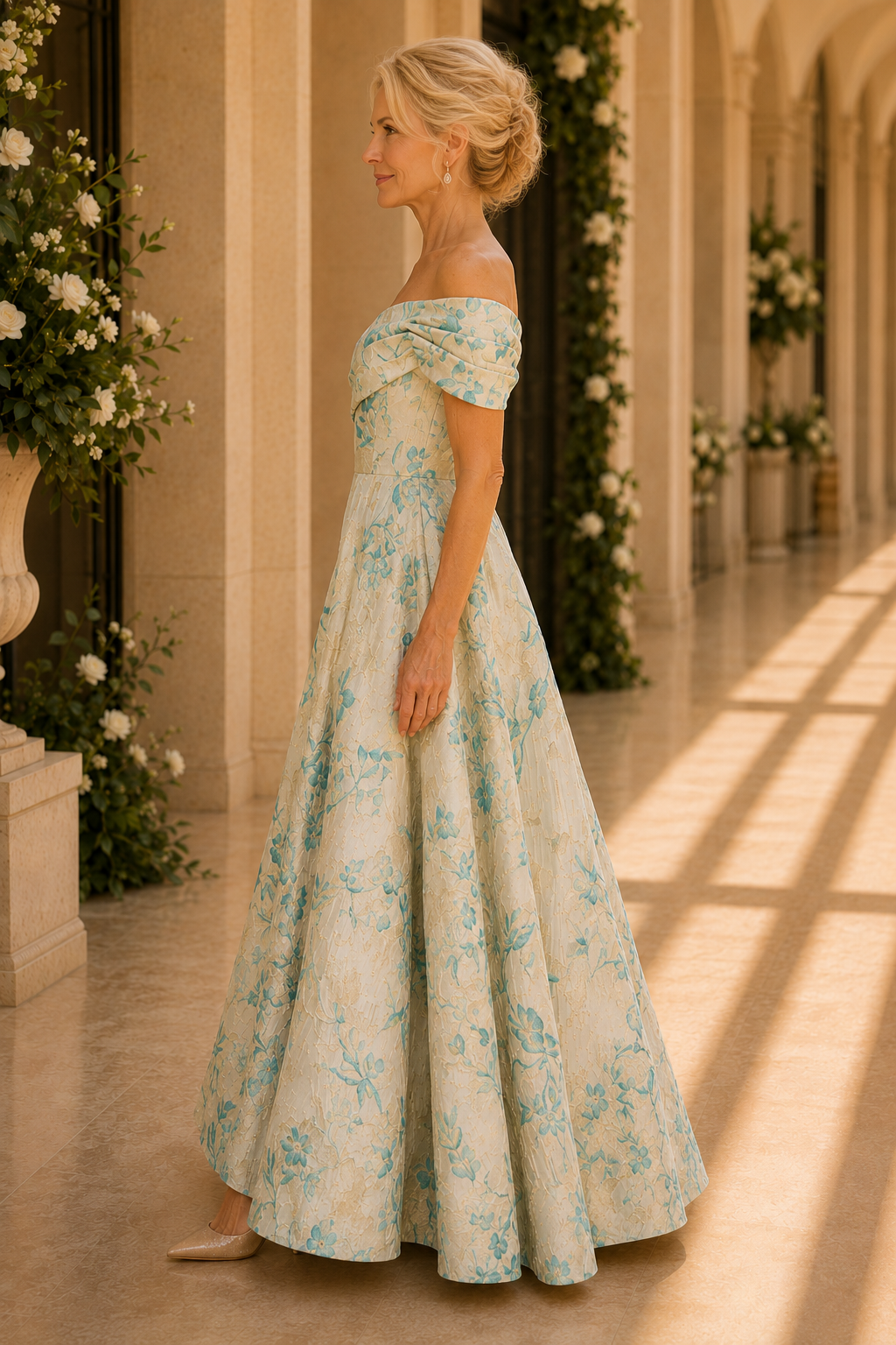 Geblümtes Jacquard schulterfreies A-Linien-Kleid