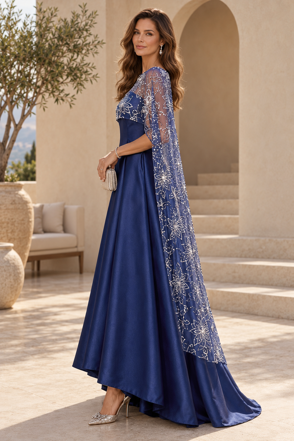 A-Line High-Low Gown with Floral Sequin Cape