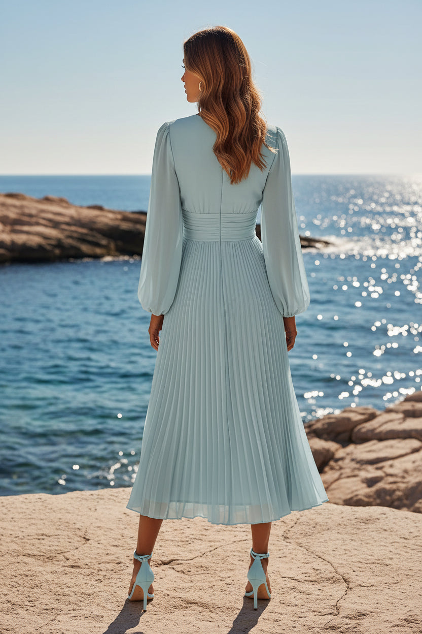 Plissiertes V-Ausschnitt Midikleid mit langen Ärmeln