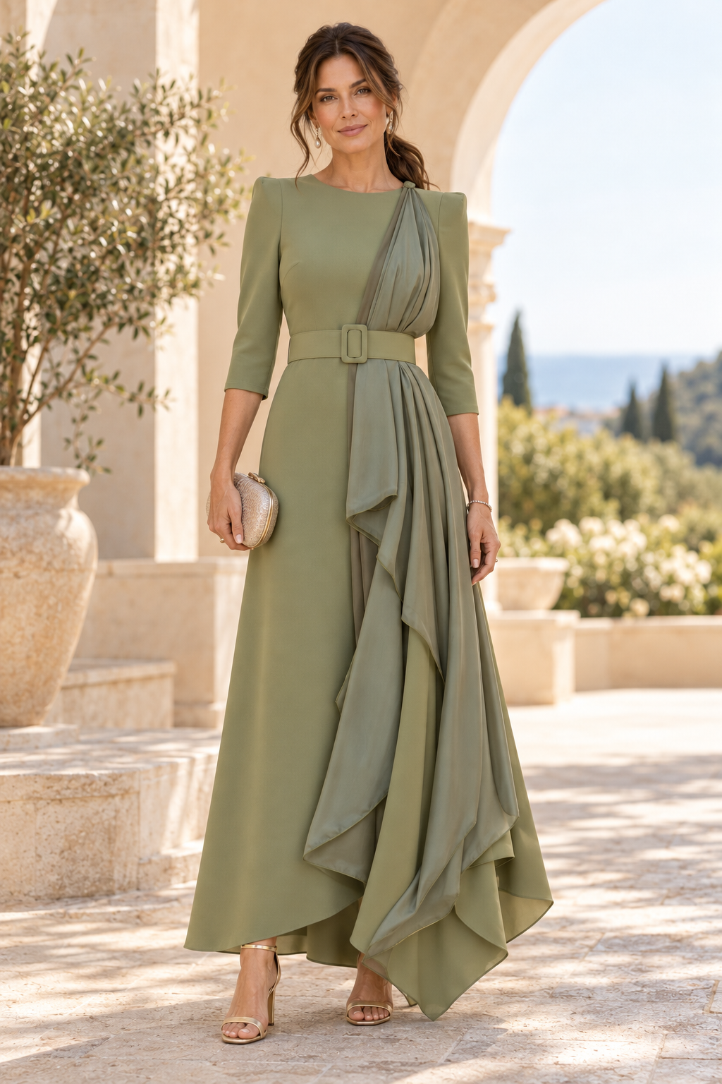 Draped A-Line Gown with Belt and 3/4 Sleeves