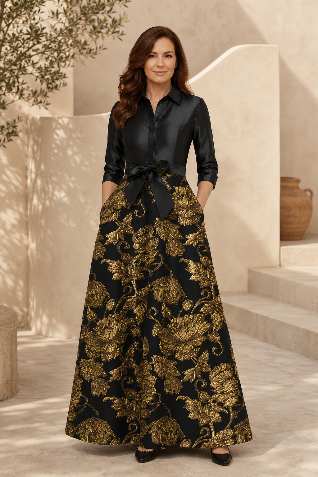 Abendkleid mit Satintop und Gold-Jacquard-Rock mit Blumenmuster