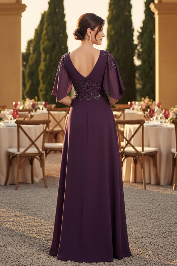 V-Ausschnitt Chiffon Abendkleid mit flatternden Ärmeln