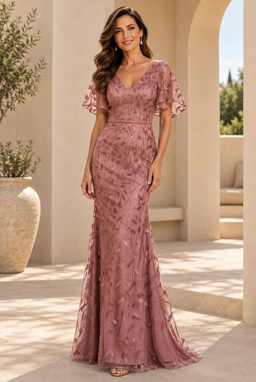 Sequin Embroidered Flutter Sleeve Evening Gown