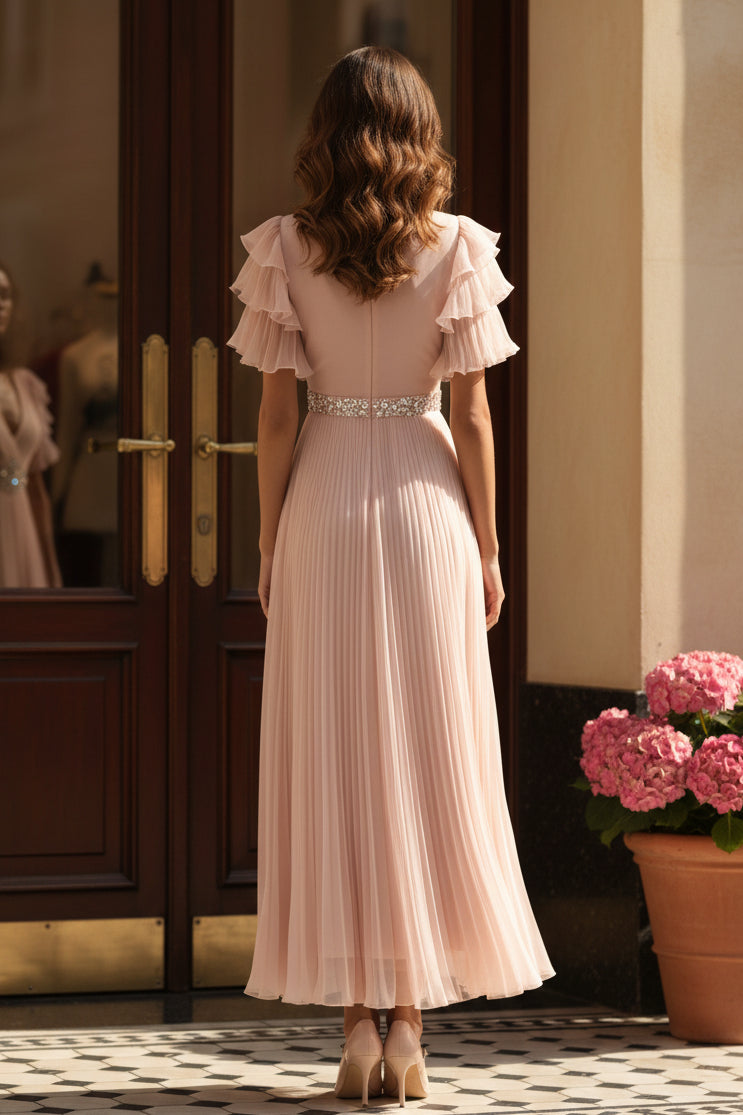 Formelles A-Linien-Kleid mit Rüschenärmeln und Falten
