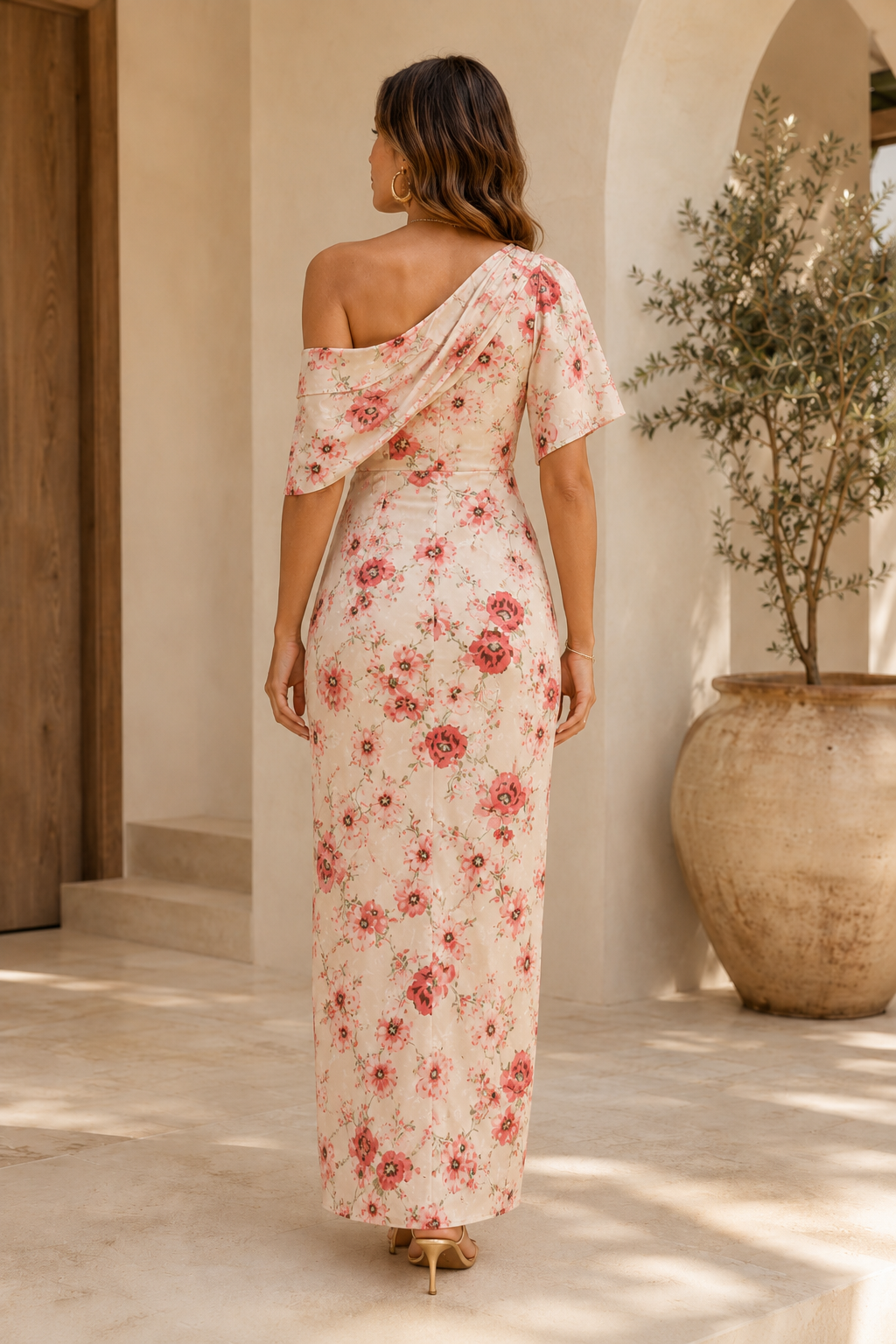 Ein-Schulter-Maxikleid mit Blumenmuster und Drapierung