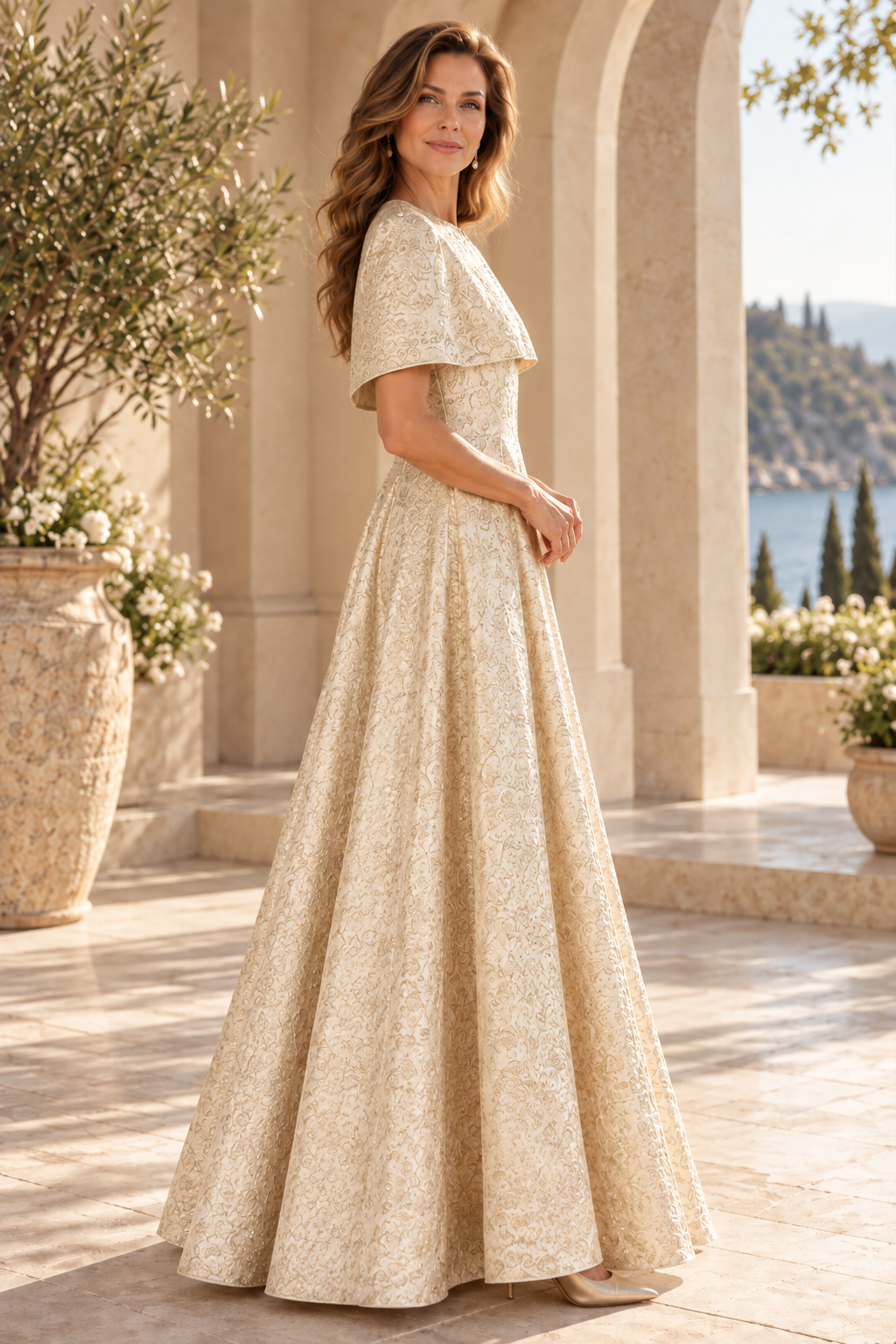 Jacquard A-Line Evening Gown with Capelet