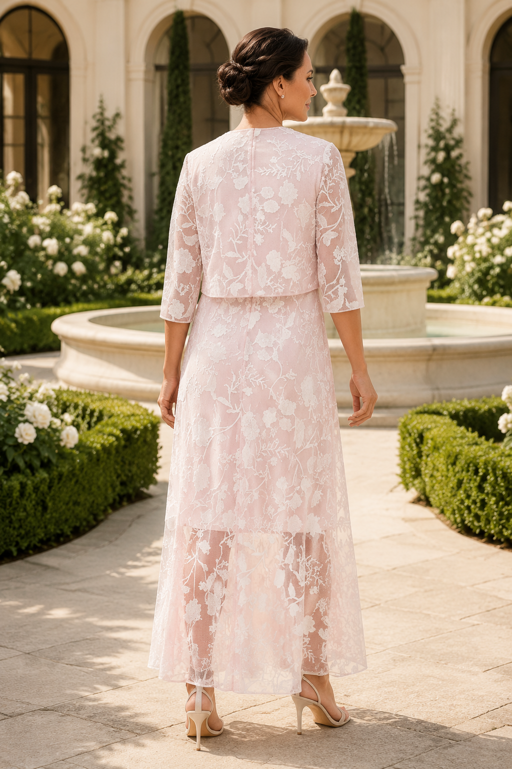 Blumen-Spitzen-High-Low-Kleid mit 3/4-Arm-Jacke