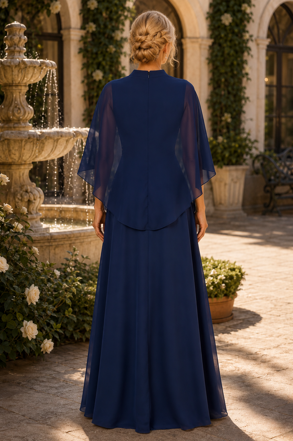 Geblümtes, besticktes Capelet-Kleid mit drapiertem Überwurf