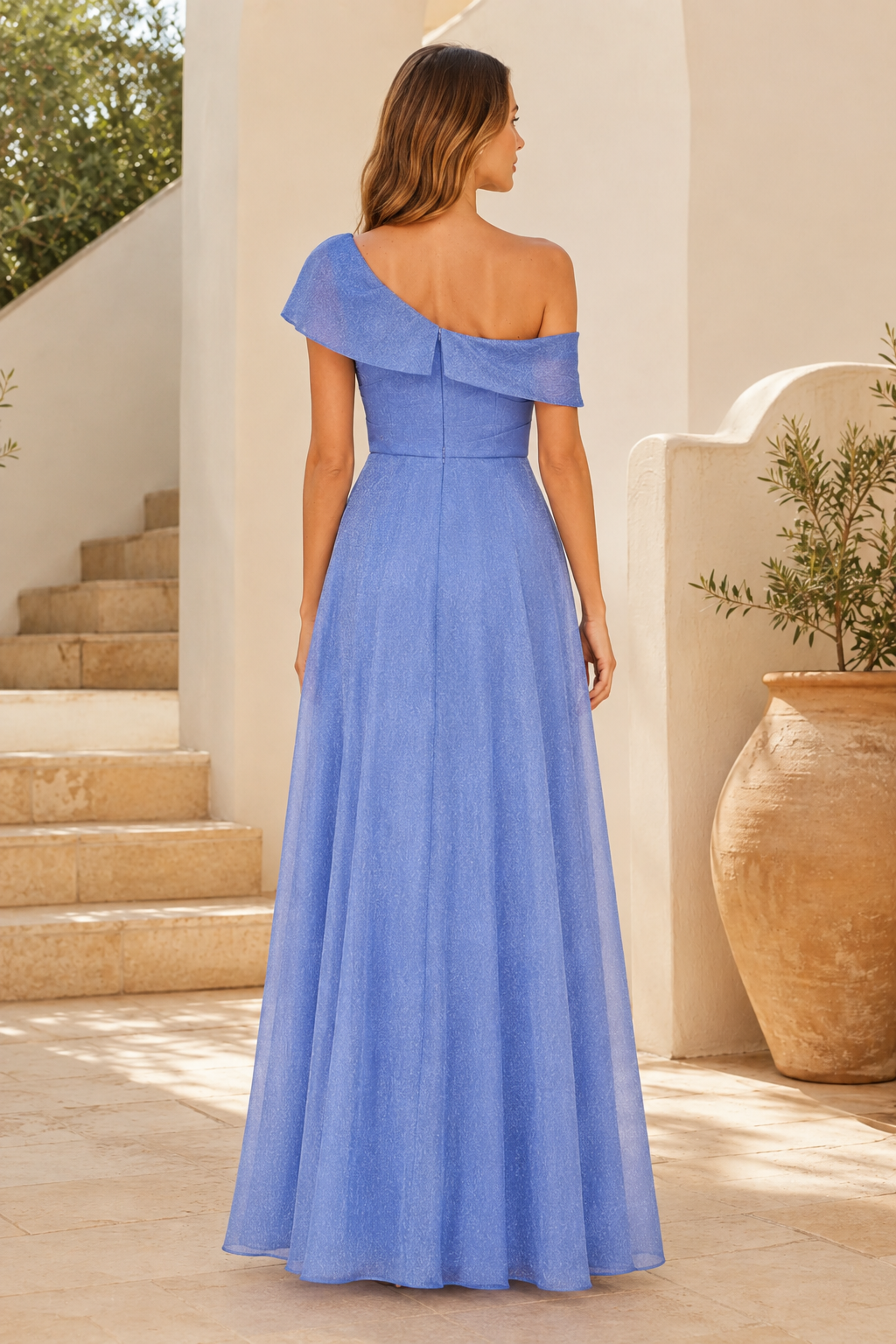Glitzerndes A-Linien-Abendkleid mit One-Shoulder-Träger und Rüschen