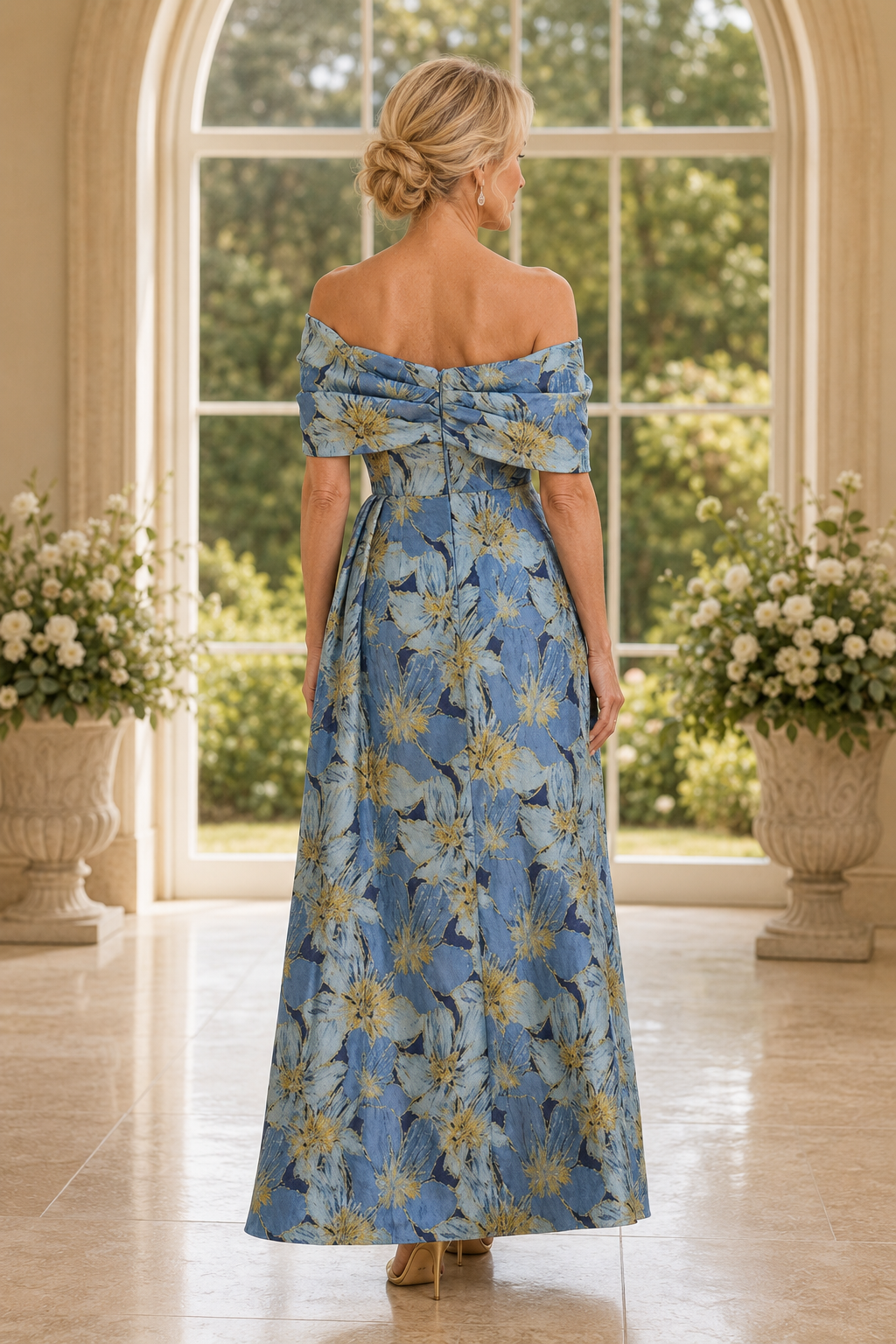 Schulterfreies, geblümtes Jacquard-Kleid mit Schlitz