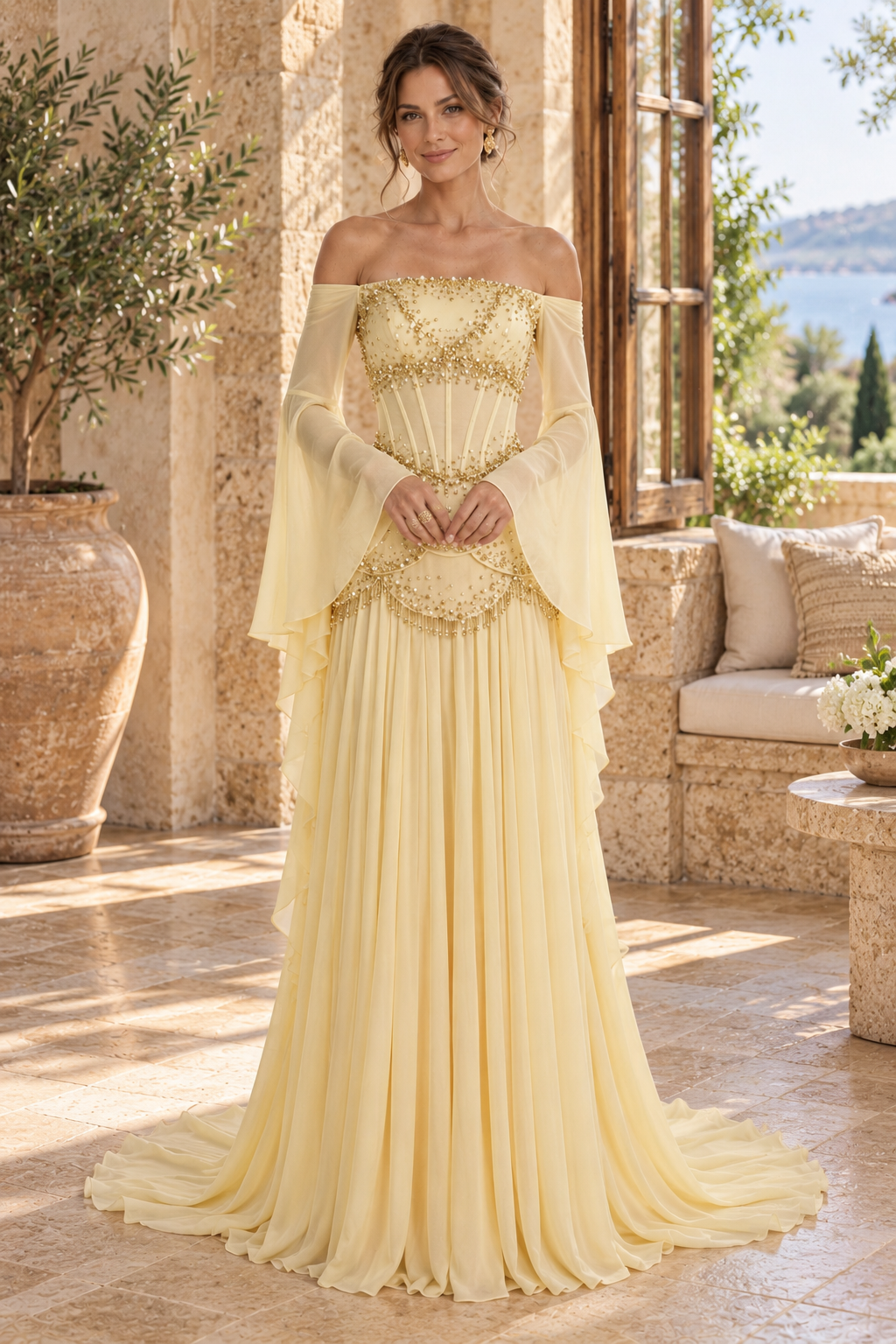 Off-Shoulder Beaded Corset Gown with Bell Sleeves