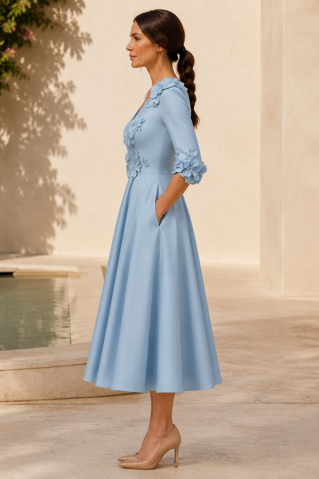 3D-Blumenapplikationen Midikleid mit 3/4-Ärmeln