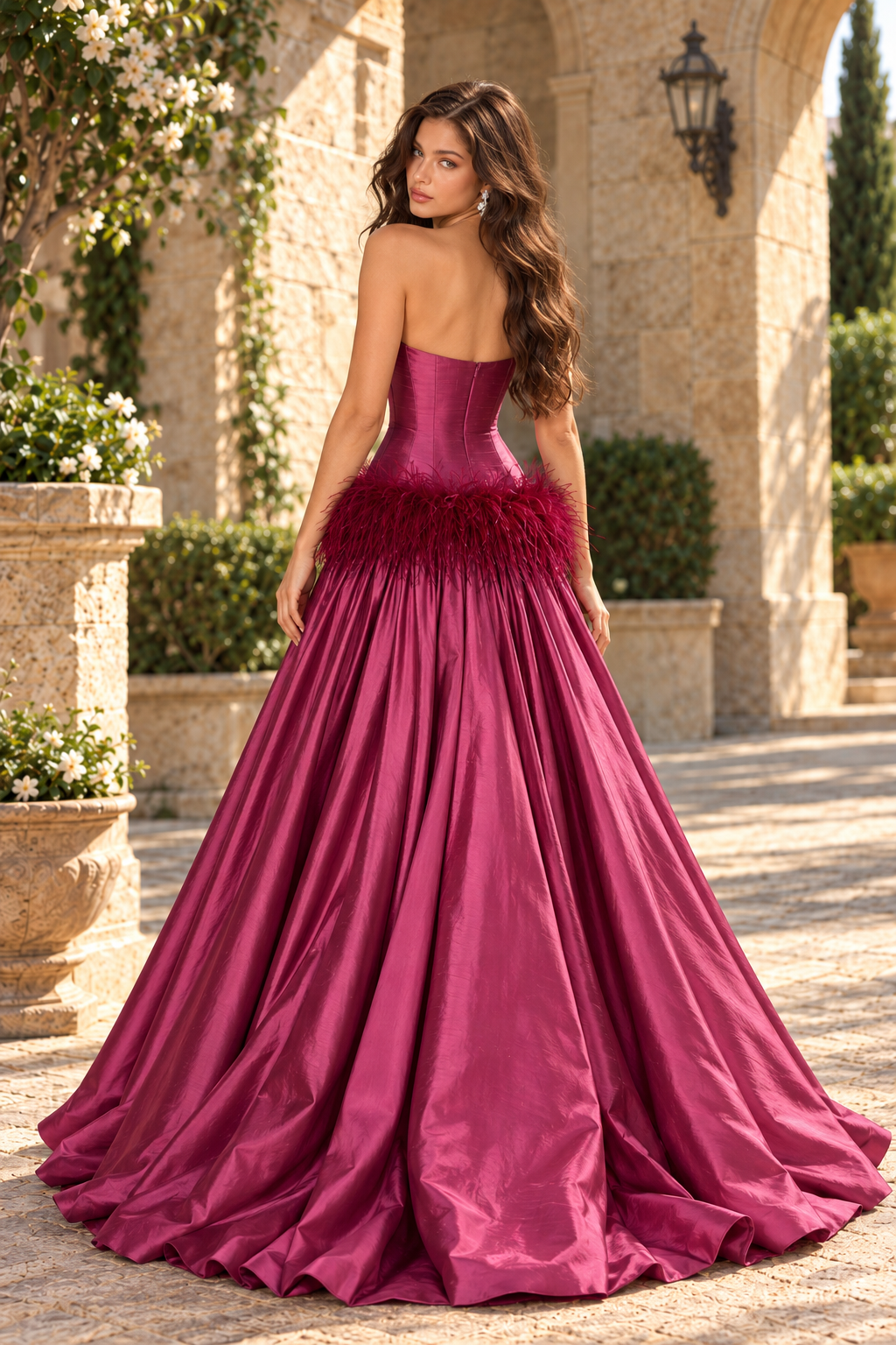 Strapless Feather Drop Waist Ball Gown