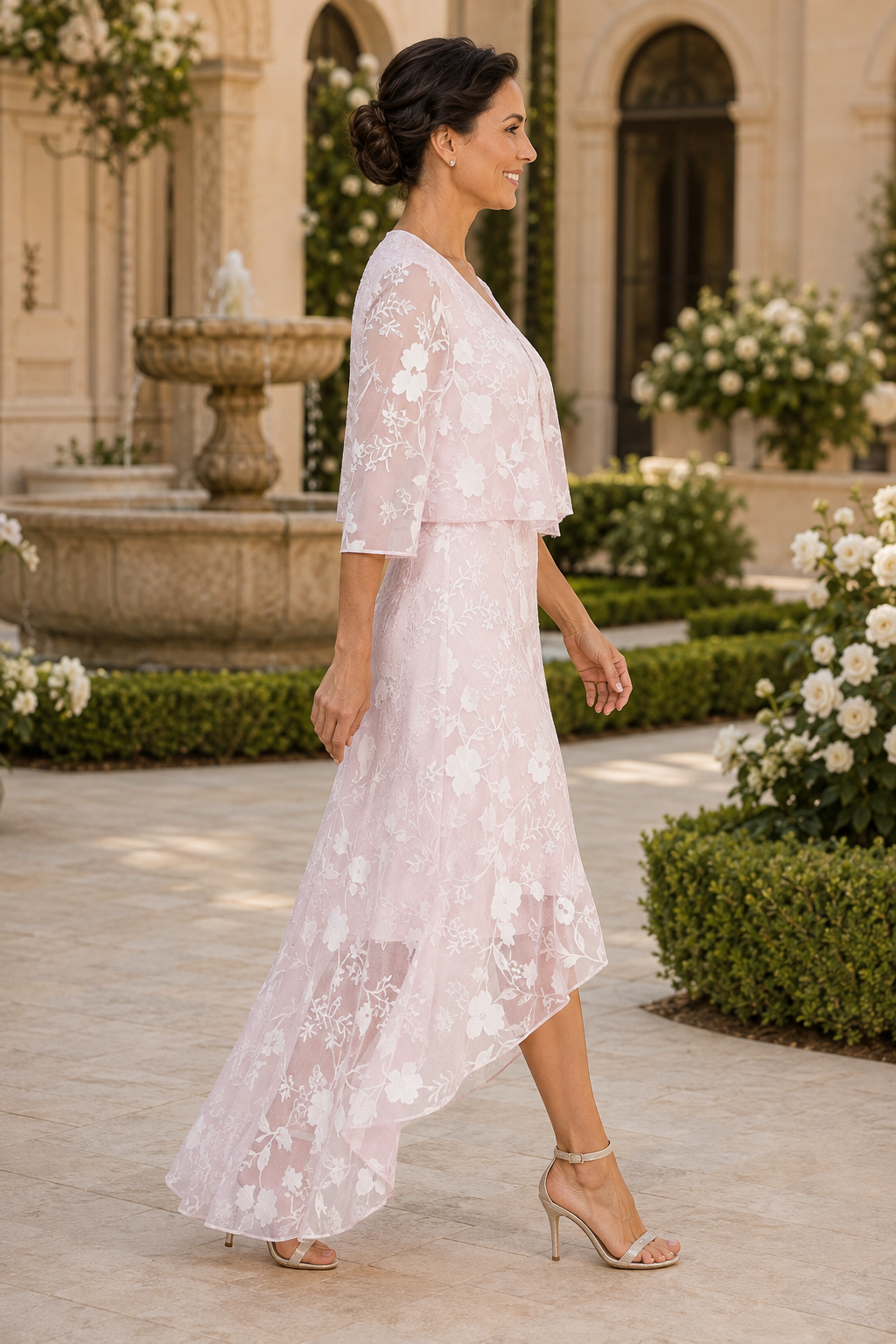 Blumen-Spitzen-High-Low-Kleid mit 3/4-Arm-Jacke