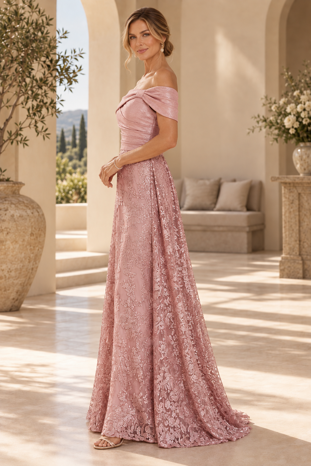 Off-the-Shoulder Floral Lace Evening Gown
