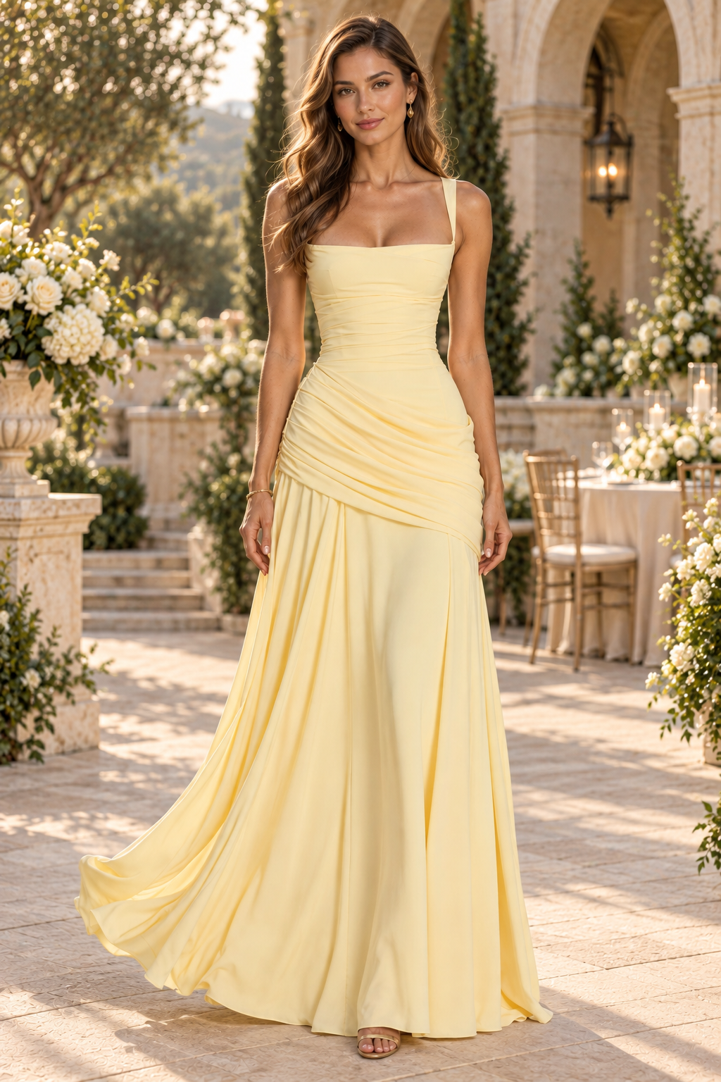 Ruched Square Neck Asymmetrical Draped Evening Gown