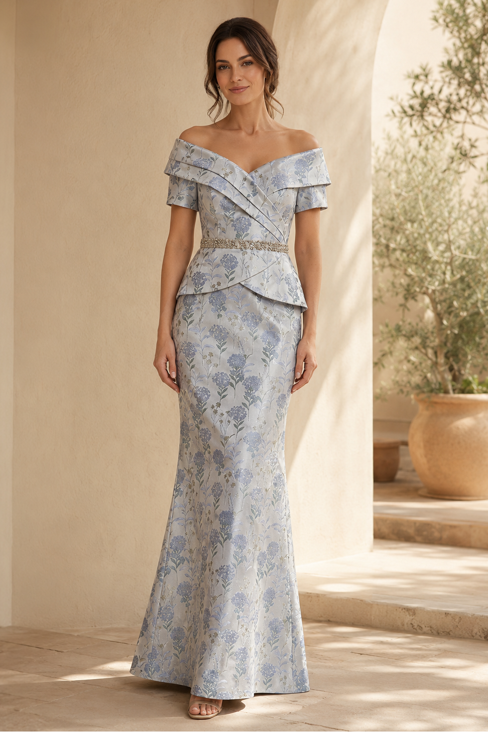 Schulterfreies Peplum-Jacquard-Meerjungfrauenkleid