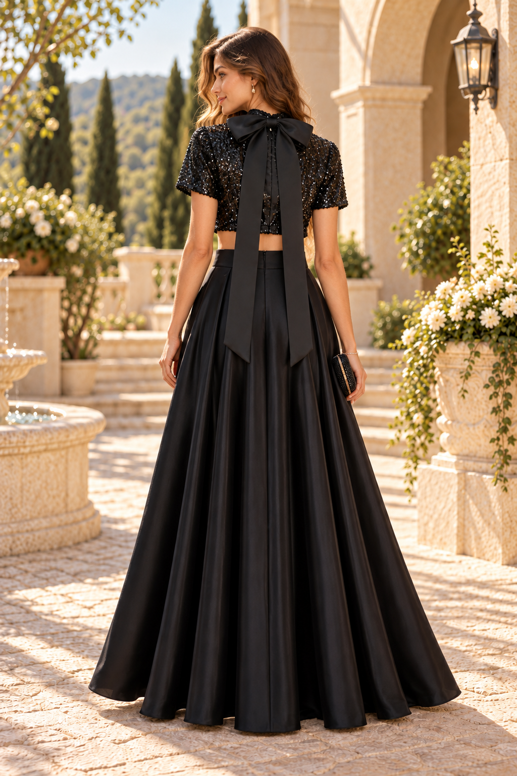 Sequin Crop Top Gown with Dual Slit Skirt