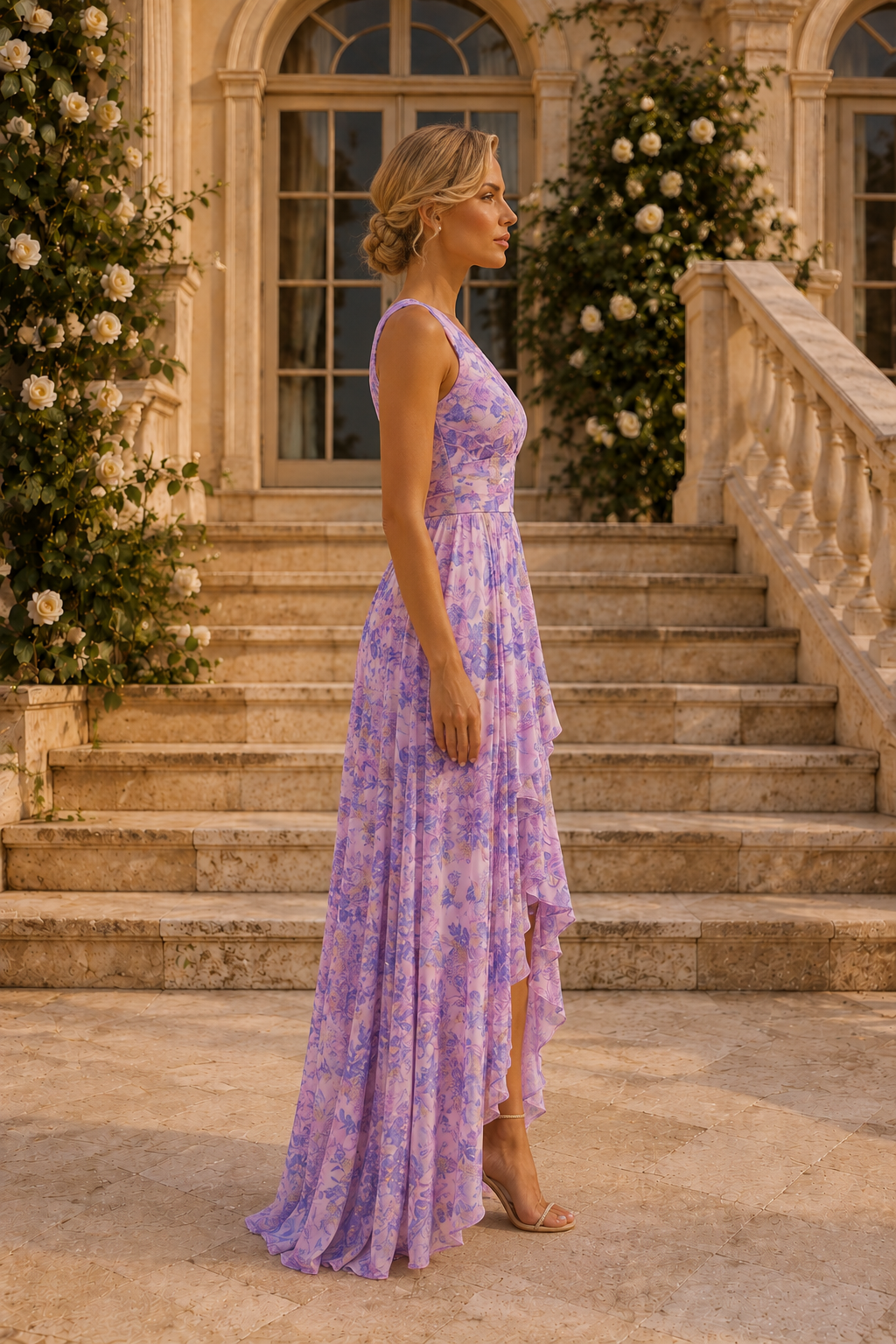 Ärmelloses, geblümtes High-Low Maxikleid