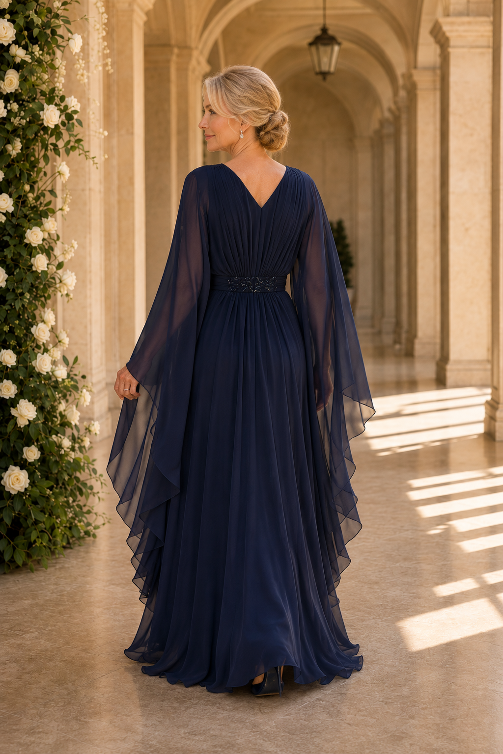Perlenbesetztes Abendkleid mit V-Ausschnitt und Cape-Ärmeln