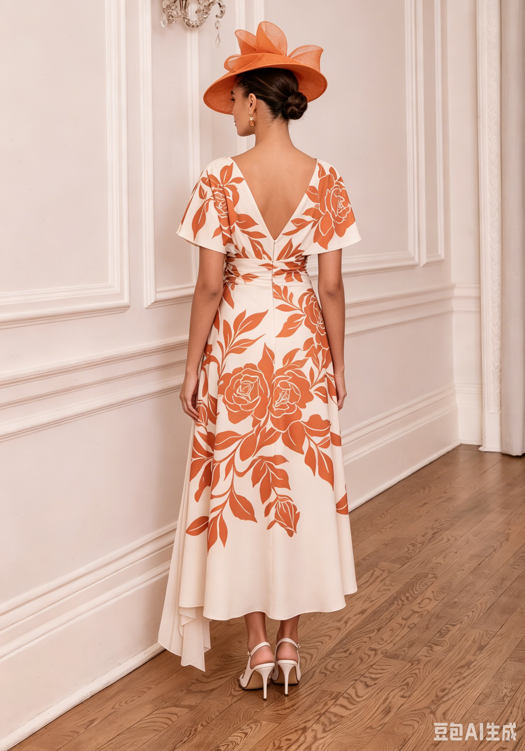 Geblümtes, asymmetrisches Midikleid mit Bateau-Ausschnitt