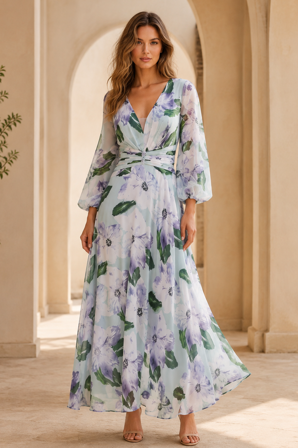 Maxikleid mit Blumenmuster, V-Ausschnitt und langen Ärmeln