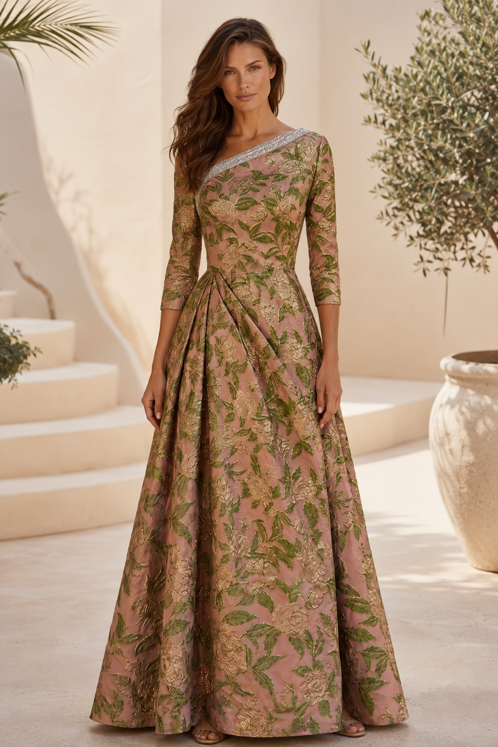 Geblümtes Jacquard A-Linien-Kleid mit 3/4-Ärmeln