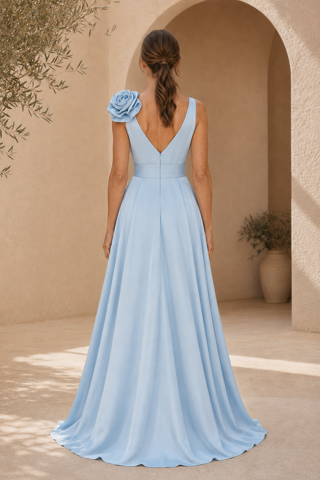 Rosette Schulter V-Ausschnitt A-Linien-Kleid mit Schlitz