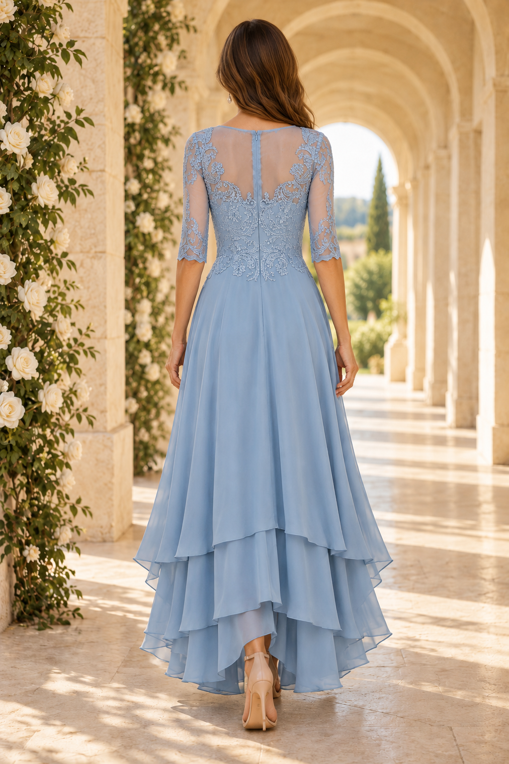 Lace Bodice Tiered High-Low A-Line Dress