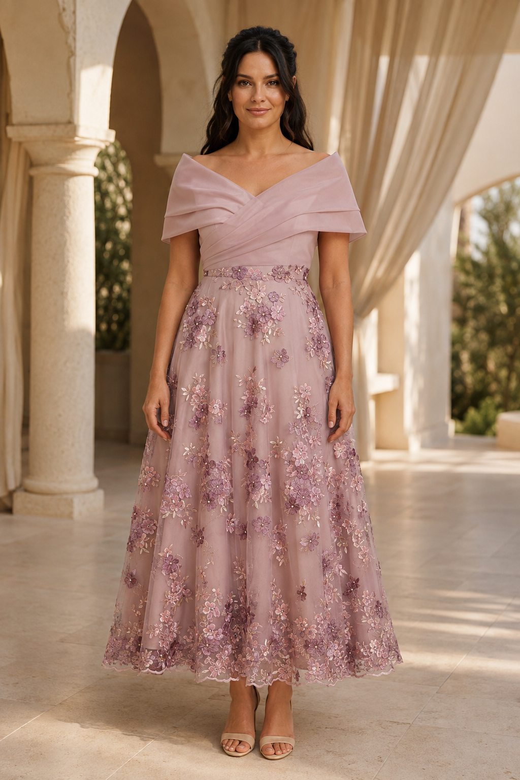 Schulterfreies, blumengesticktes Teelängenkleid