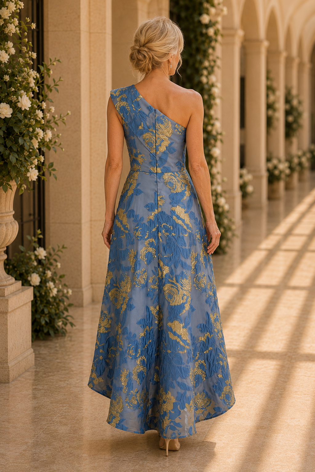 Blumen-Jacquard-High-Low-Kleid mit One-Shoulder-Träger