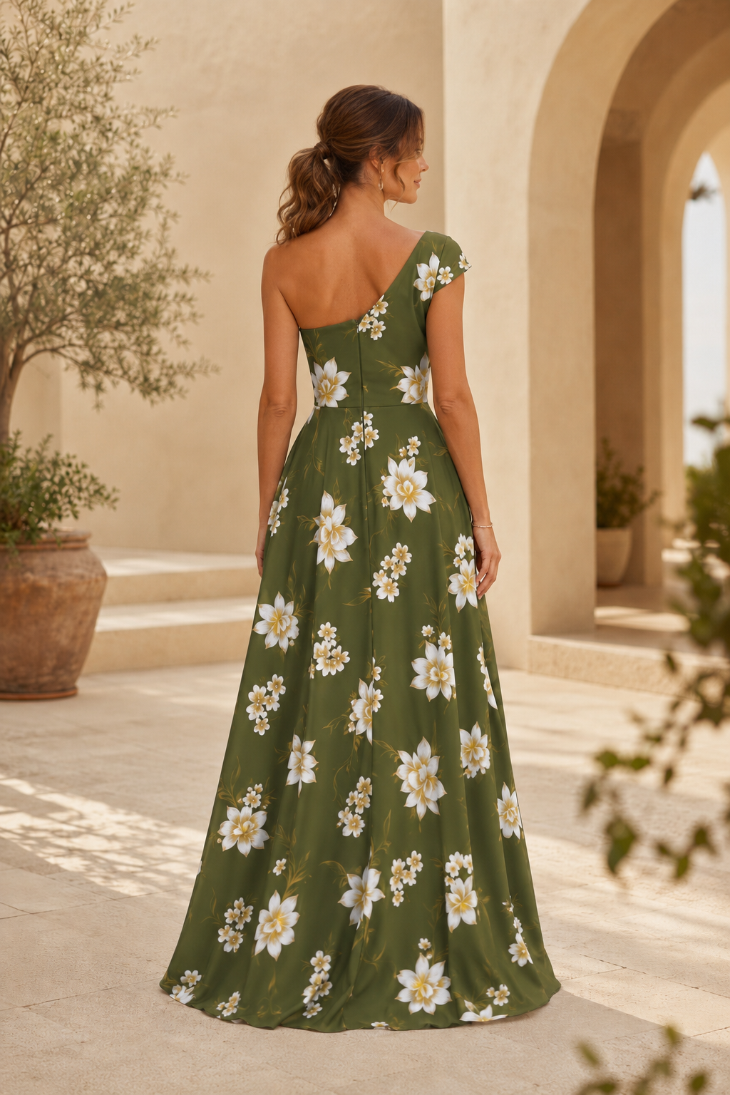 Ein-Schulter-Maxikleid mit Blumenmuster in A-Linie