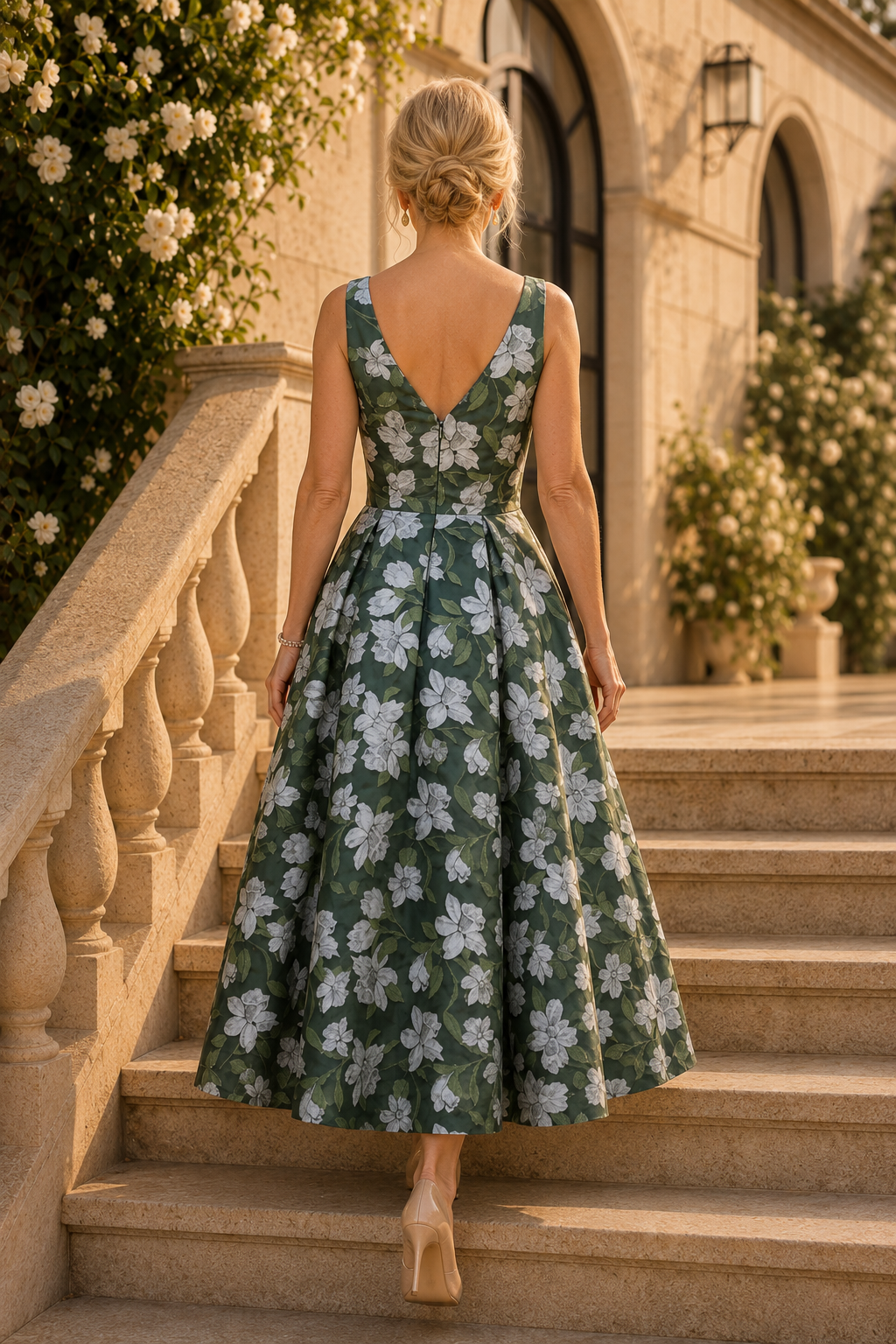 Geblümtes A-Linien-Kleid mit tiefem V-Ausschnitt und Schleife