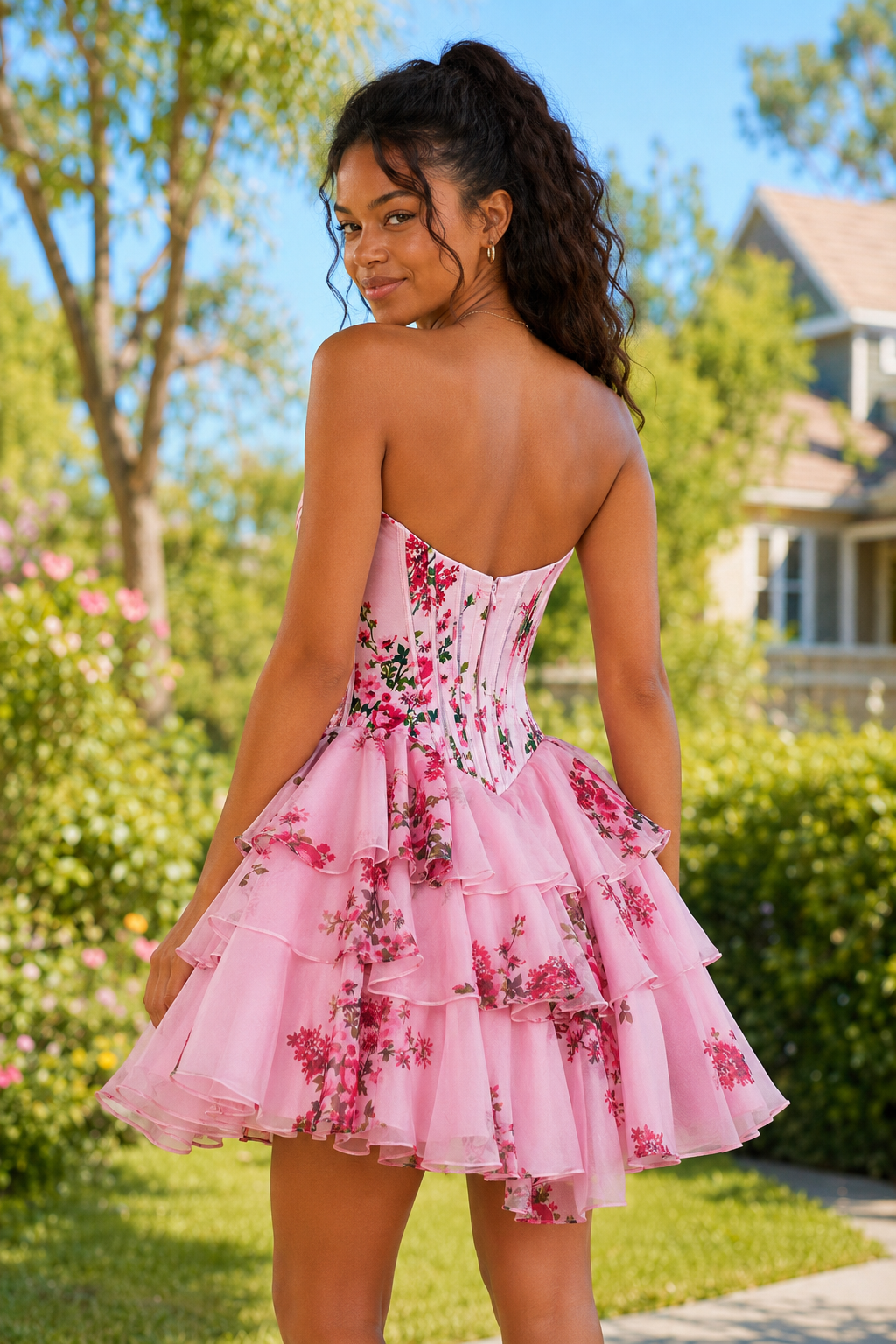 Trägerloses Korsett-Minikleid mit Stufenrüschen