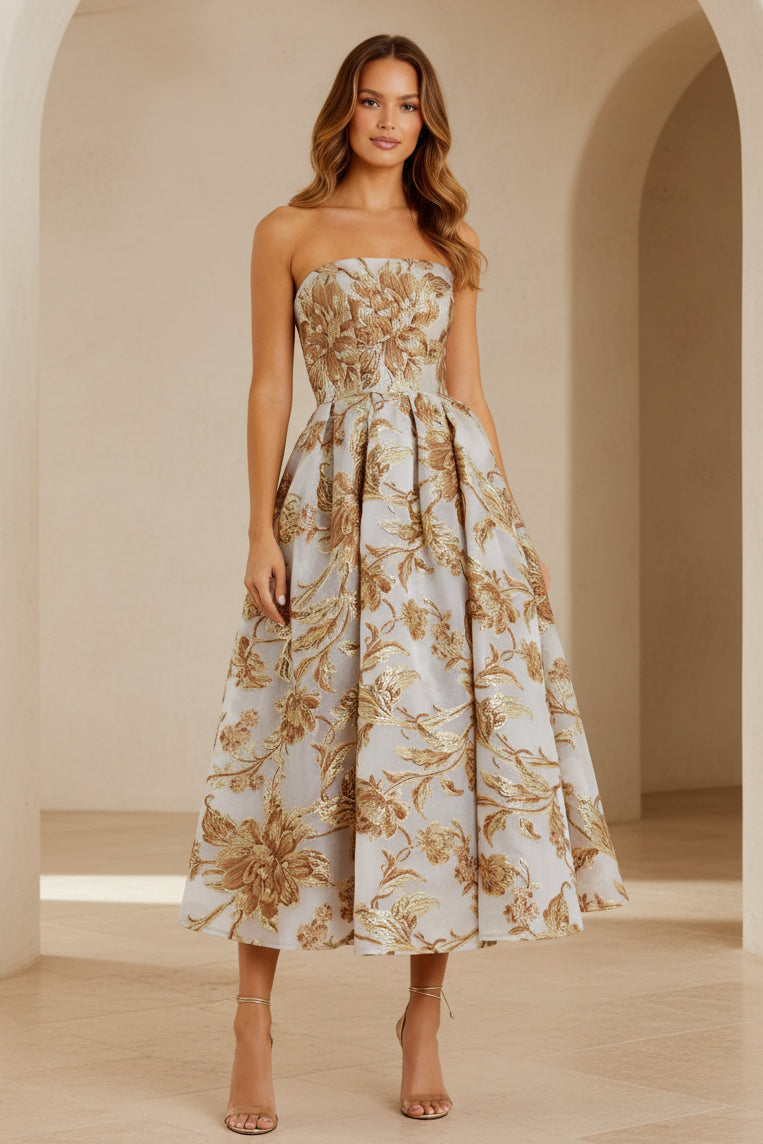 Trägerloses A-Linien-Midikleid aus Metallic-Jacquard