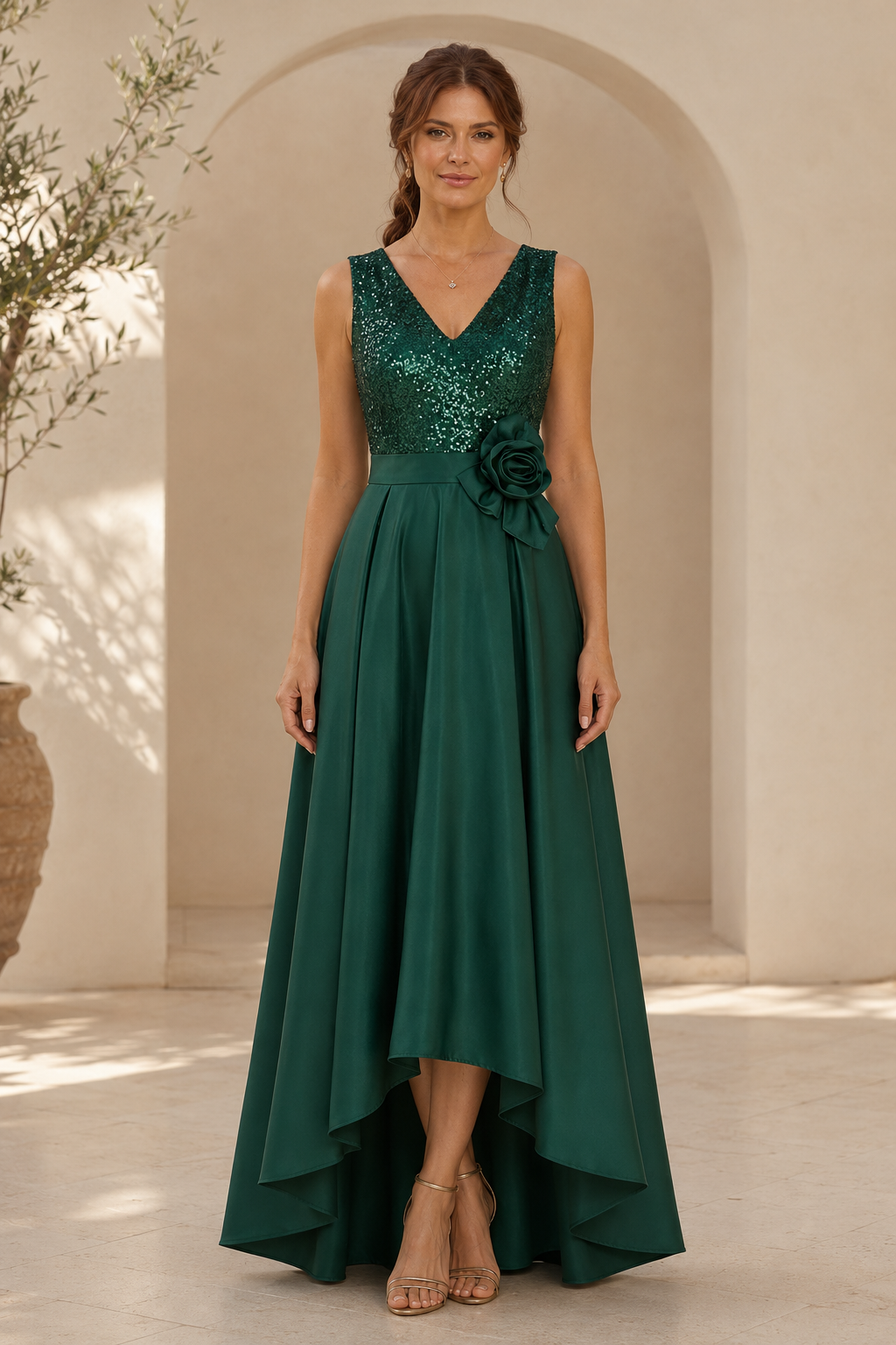 Pailletten-Oberteil, High-Low-Abendkleid aus Satin