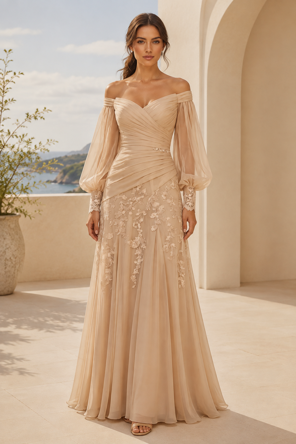 Carmen-Kleid mit Raffungen und Bischofsärmeln