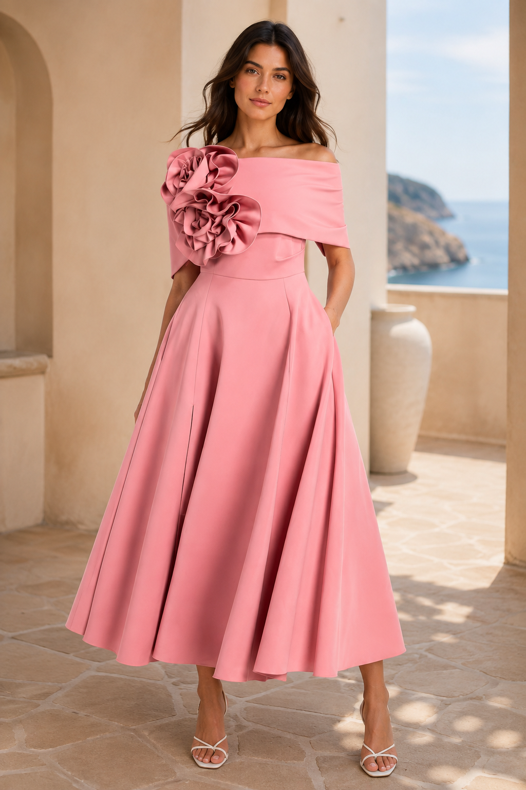 Schulterfreies A-Linien-Midikleid mit Blumenapplikation