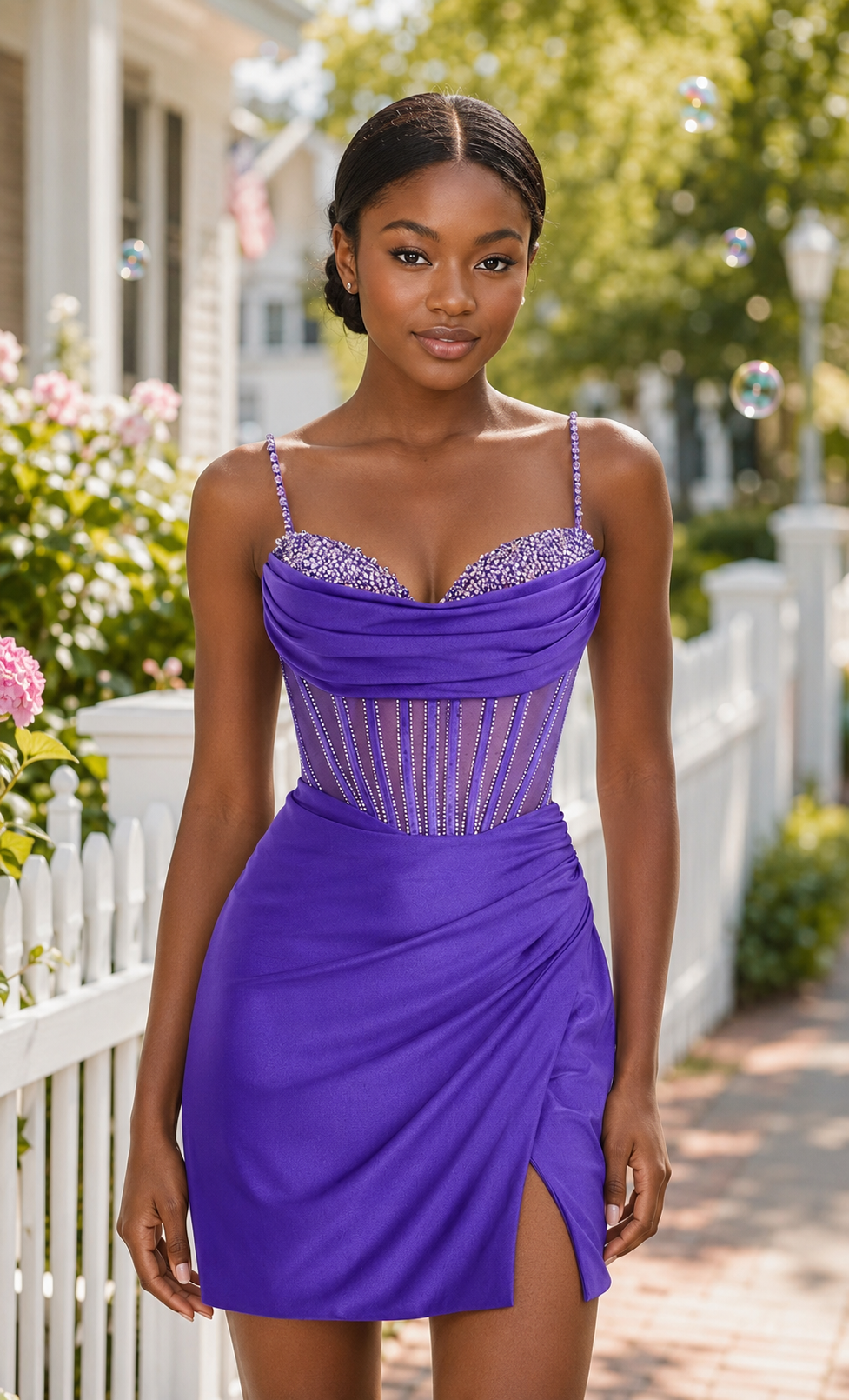 Perlenverziertes Korsett-Minikleid aus Satin mit Schlitz