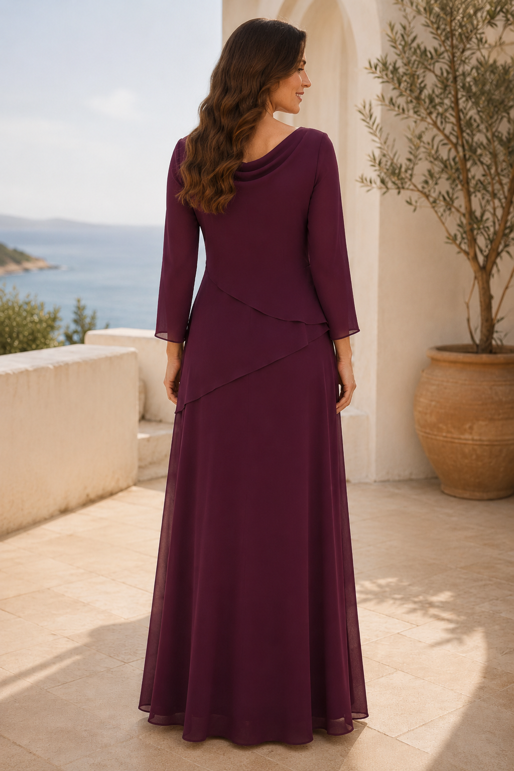 Chiffon-Abendkleid im A-Linien-Schnitt mit U-Boot-Ausschnitt und 3/4-Ärmeln