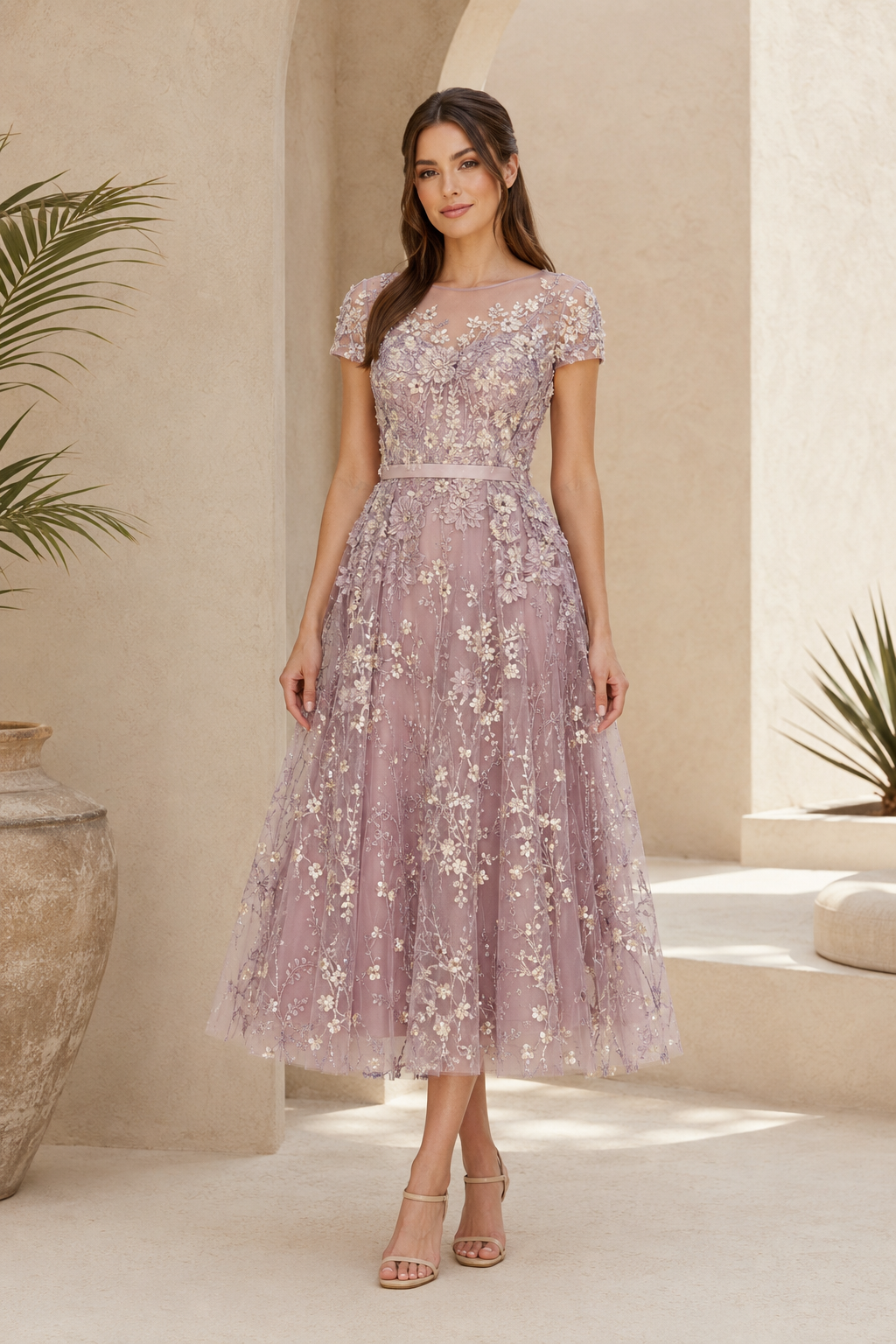 Blumengesticktes Illusion-A-Linien-Kleid in Teelänge