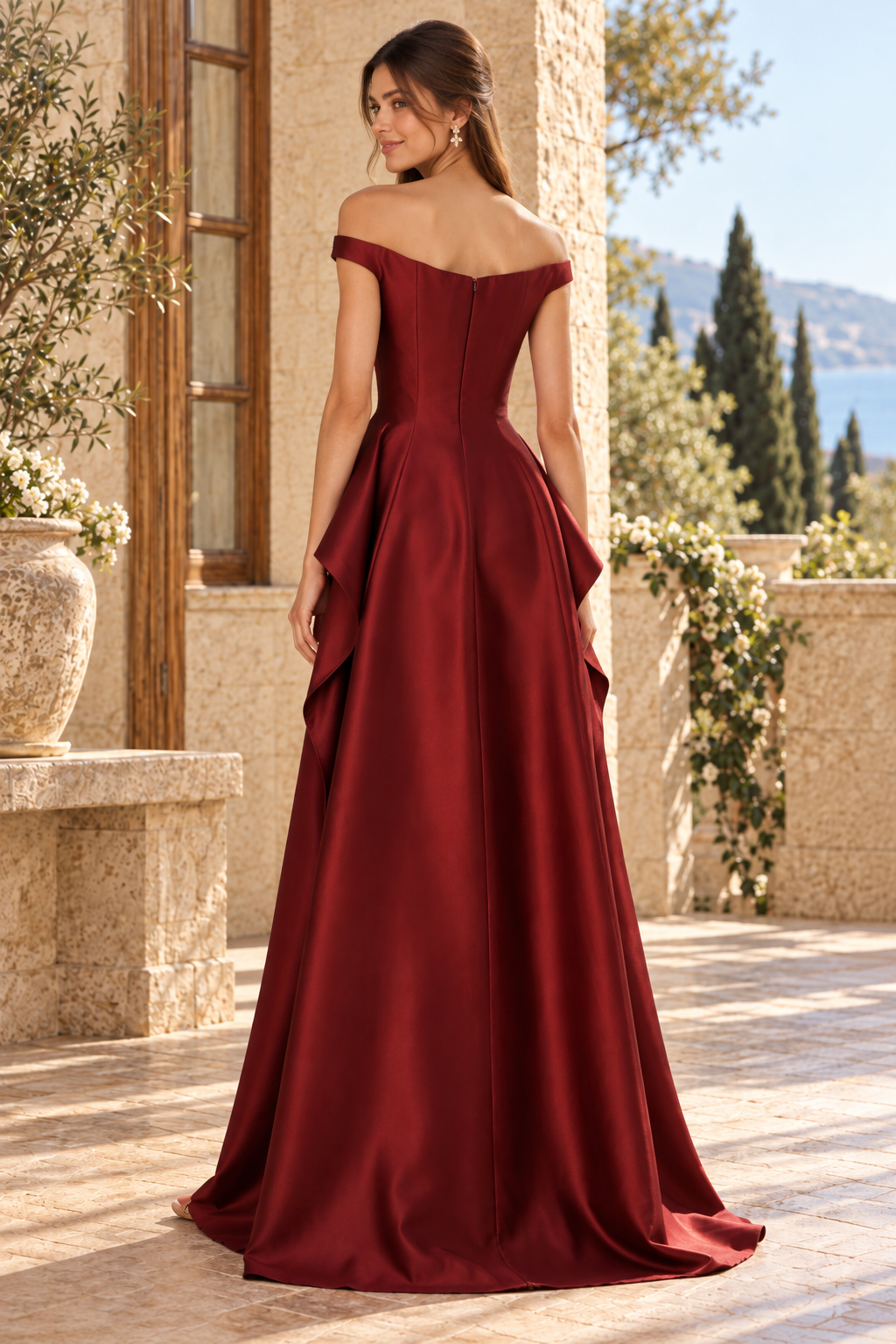 Embellished Peplum Off-Shoulder Gown