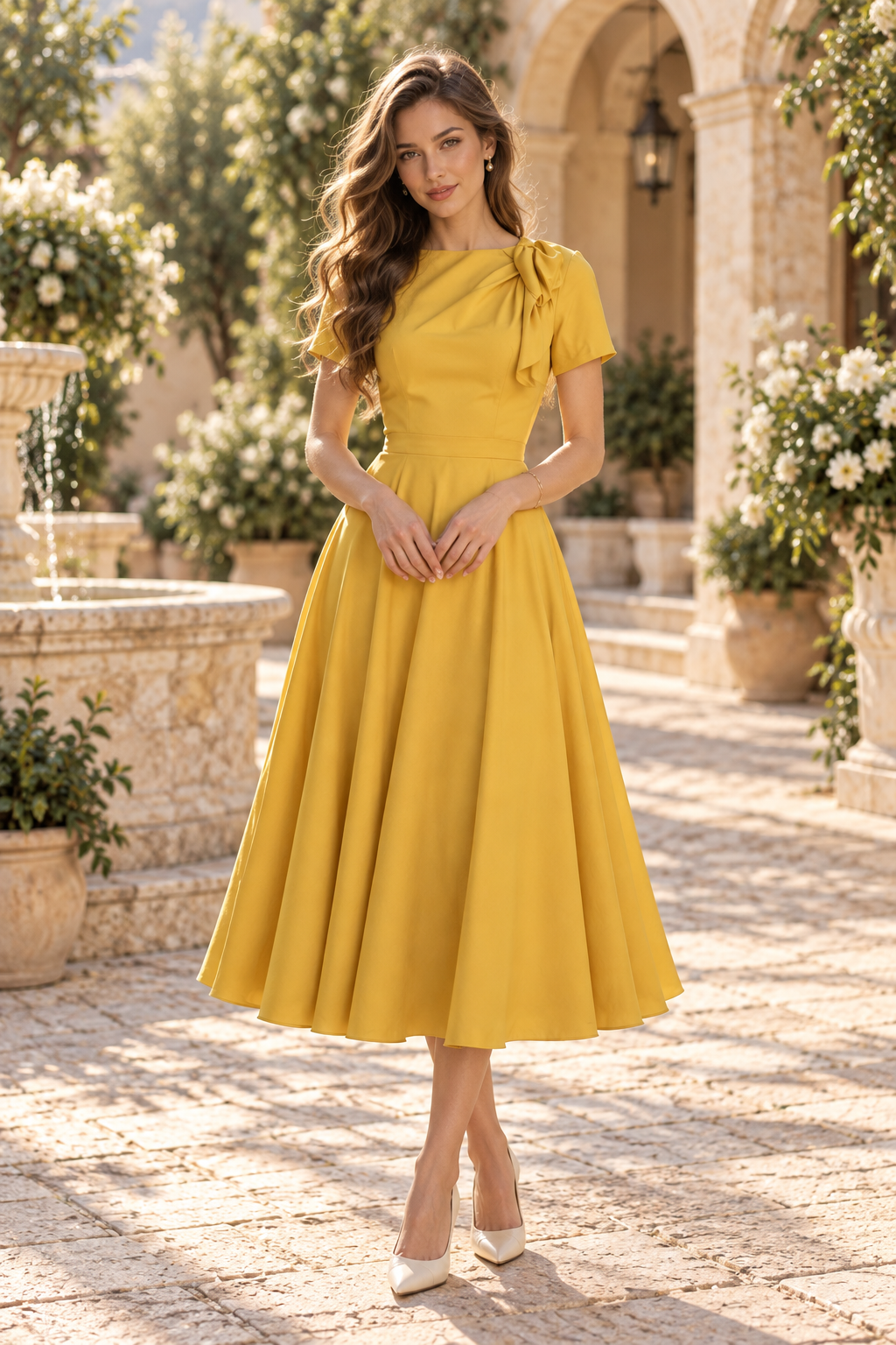 Bow Neckline A-Line Midi Dress with Short Sleeves