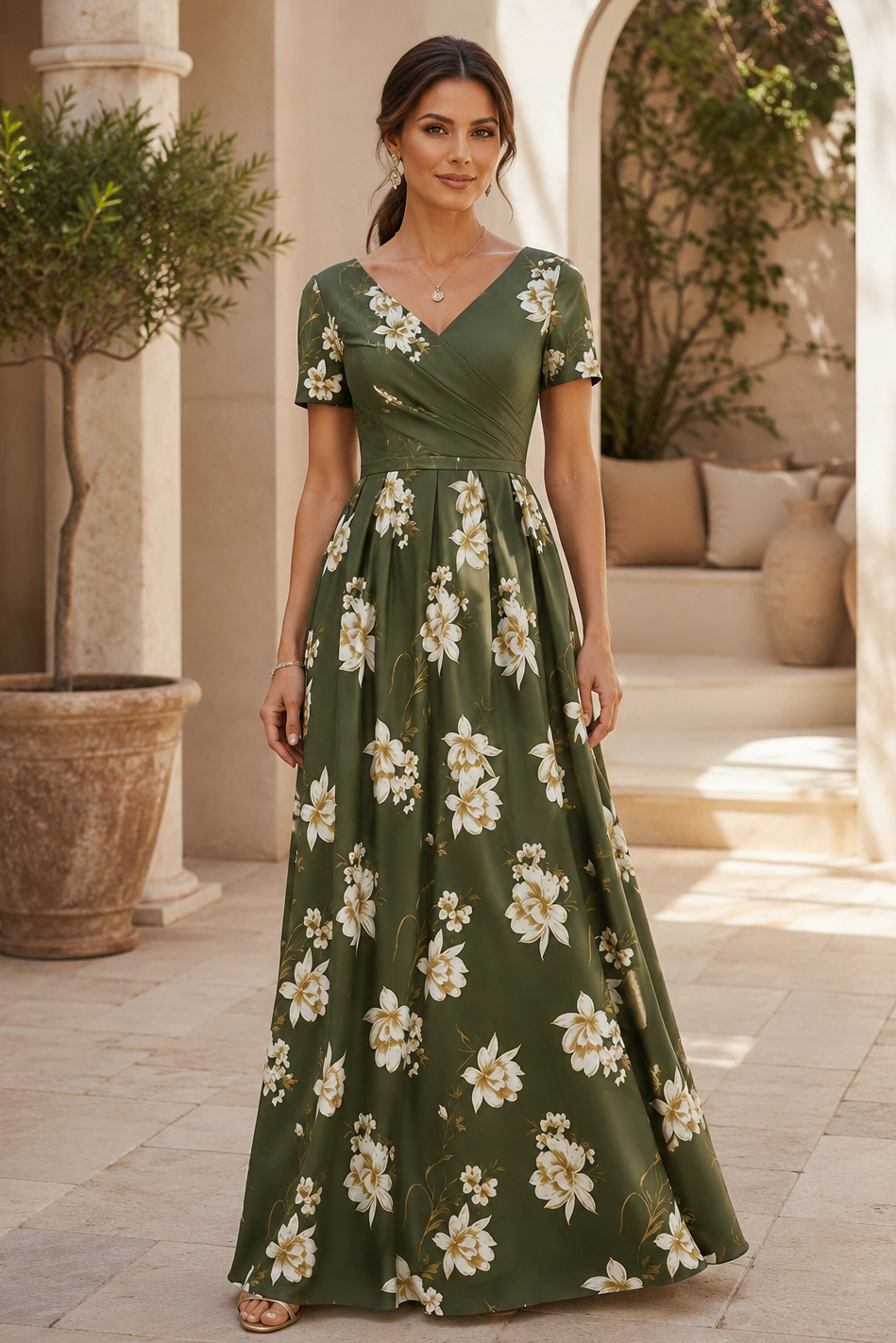 Maxikleid mit Blumenmuster, V-Ausschnitt und A-Linie