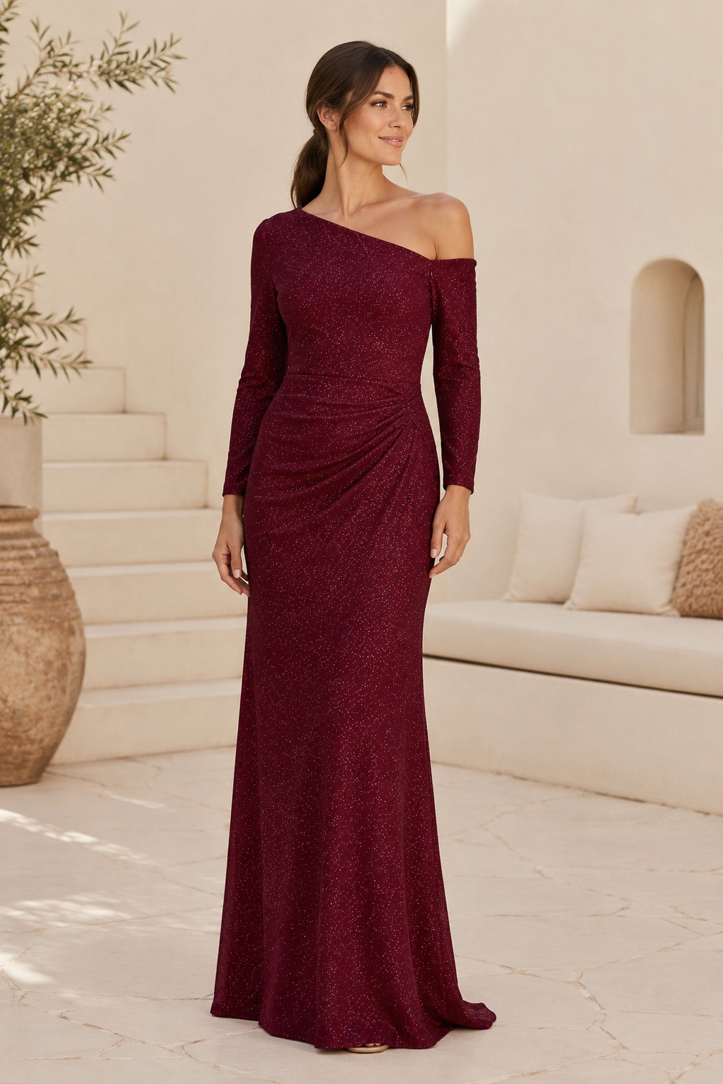 Glitzer-Abendkleid mit One-Shoulder- und langen Ärmeln