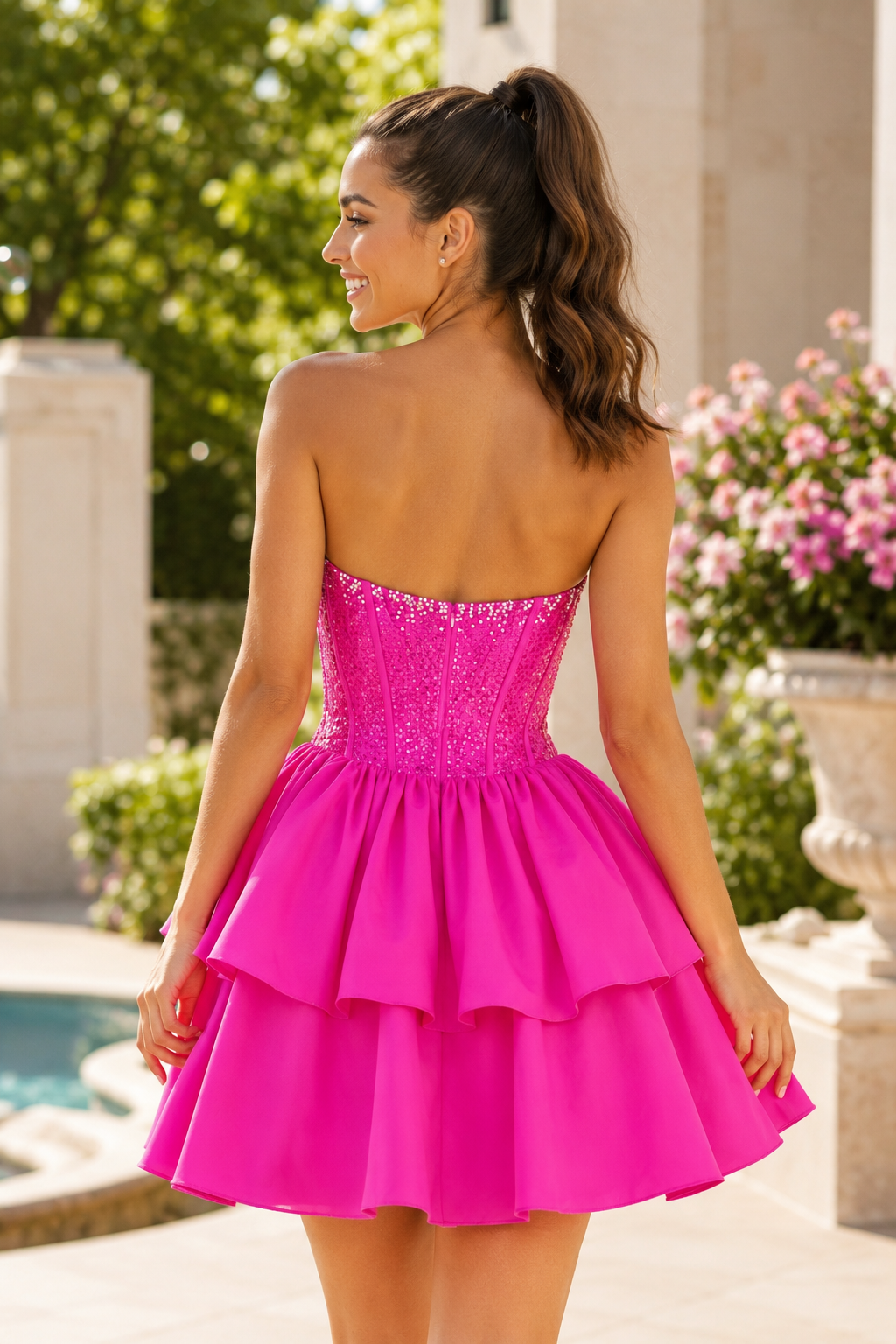 Trägerloses, gestuftes Korsett-Minikleid mit Schleife